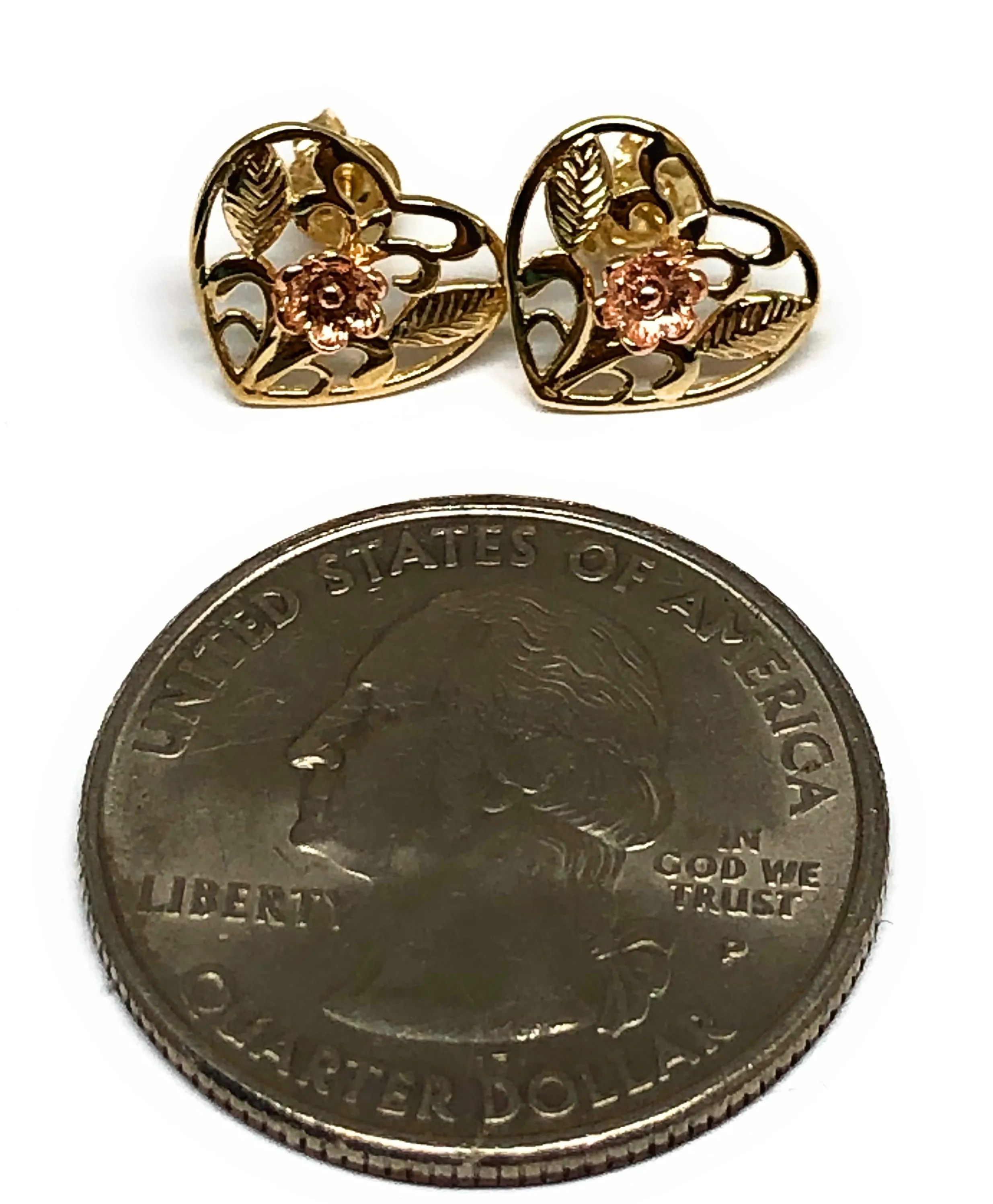 10k Solid Gold Yellow & Rose Gold Heart Flower Stud Earrings (FC)