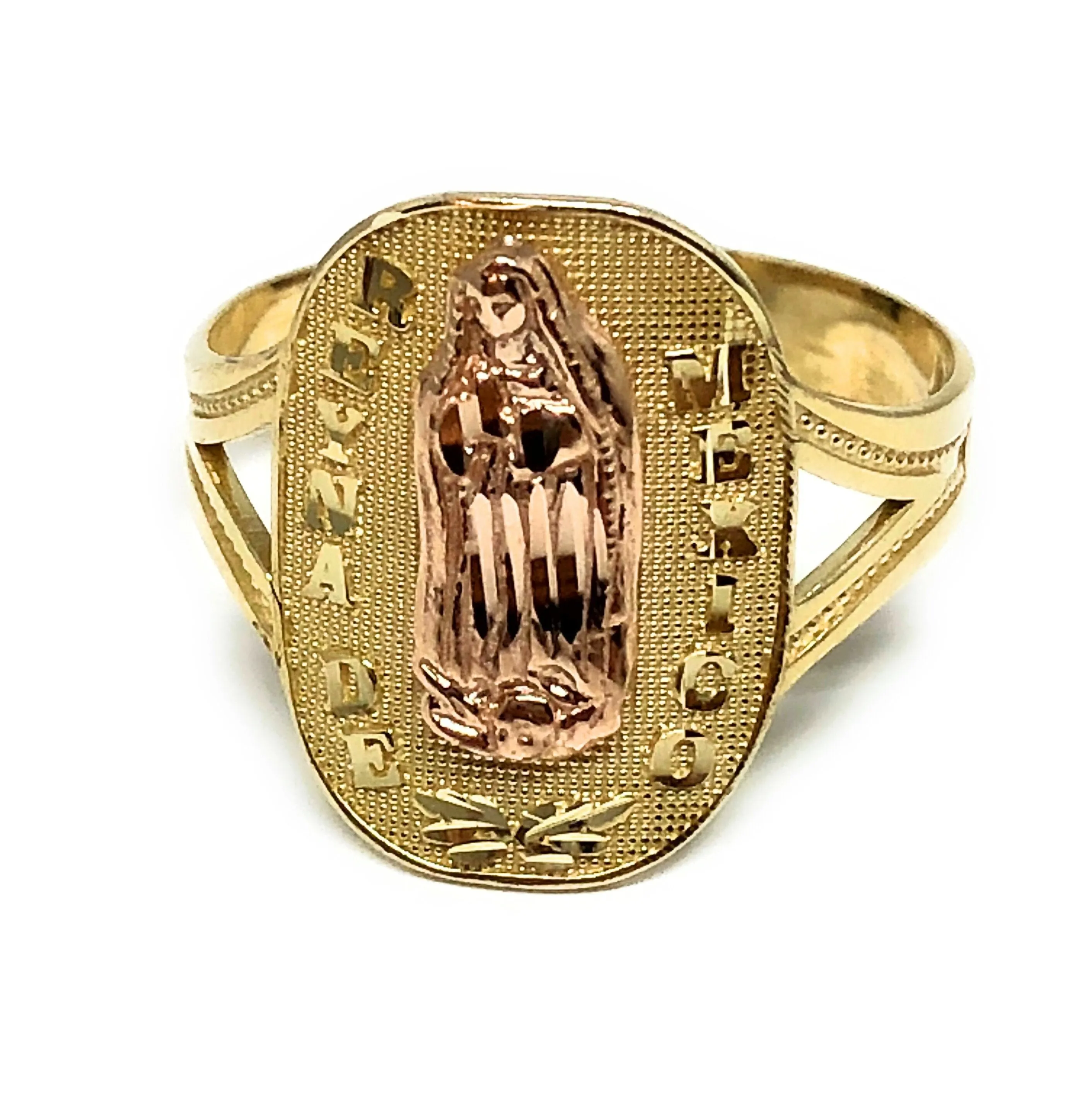 10k Solid Gold Yellow & Rose Gold Virrgin Mary Reyna de Mexico Ring