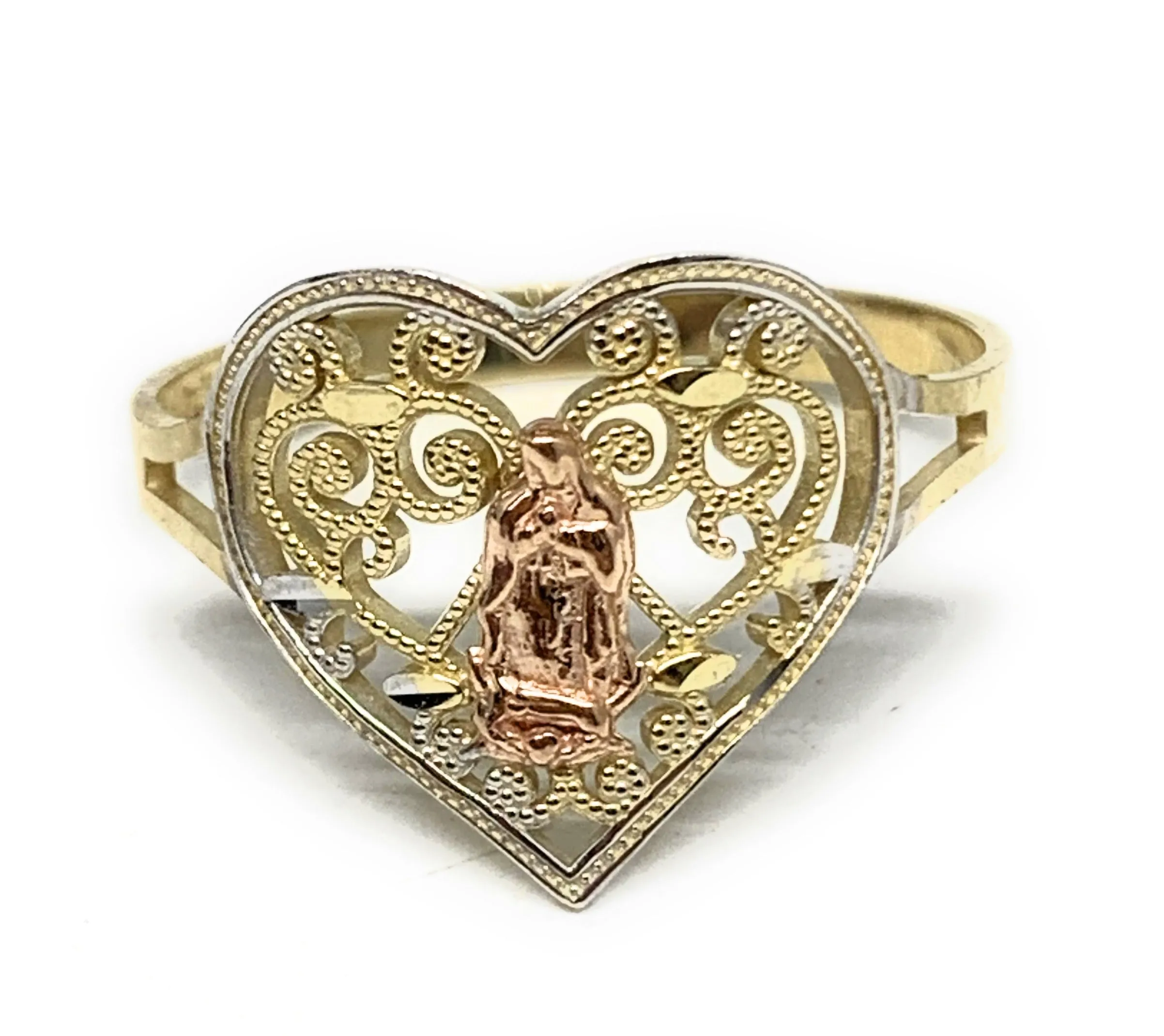 10k Solid Gold Yellow & Rose Virrgin Mary Filigran Heart Ring