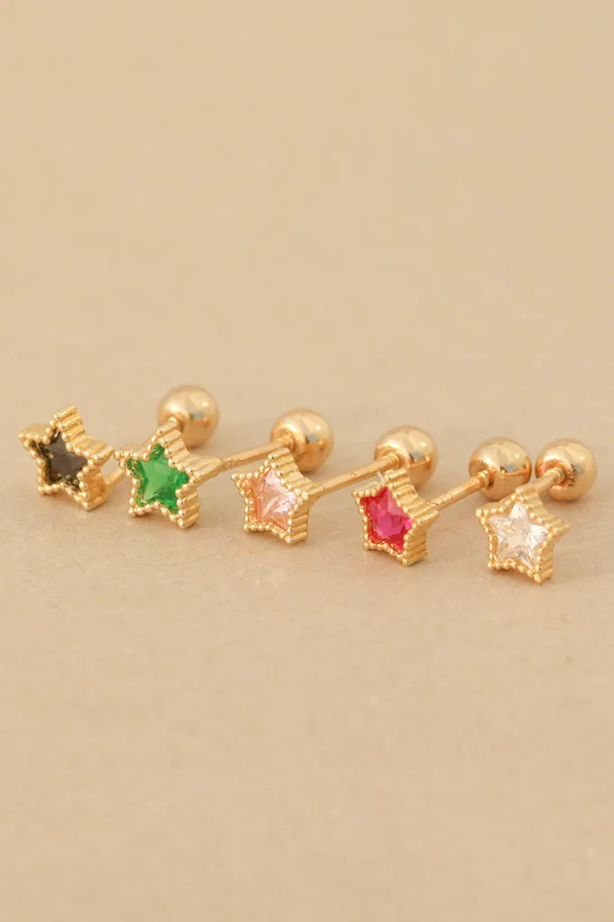 14K Solid Gold Bezel Star Cartilage Helix Tragus Inner Conch Earring Barbell Piercing