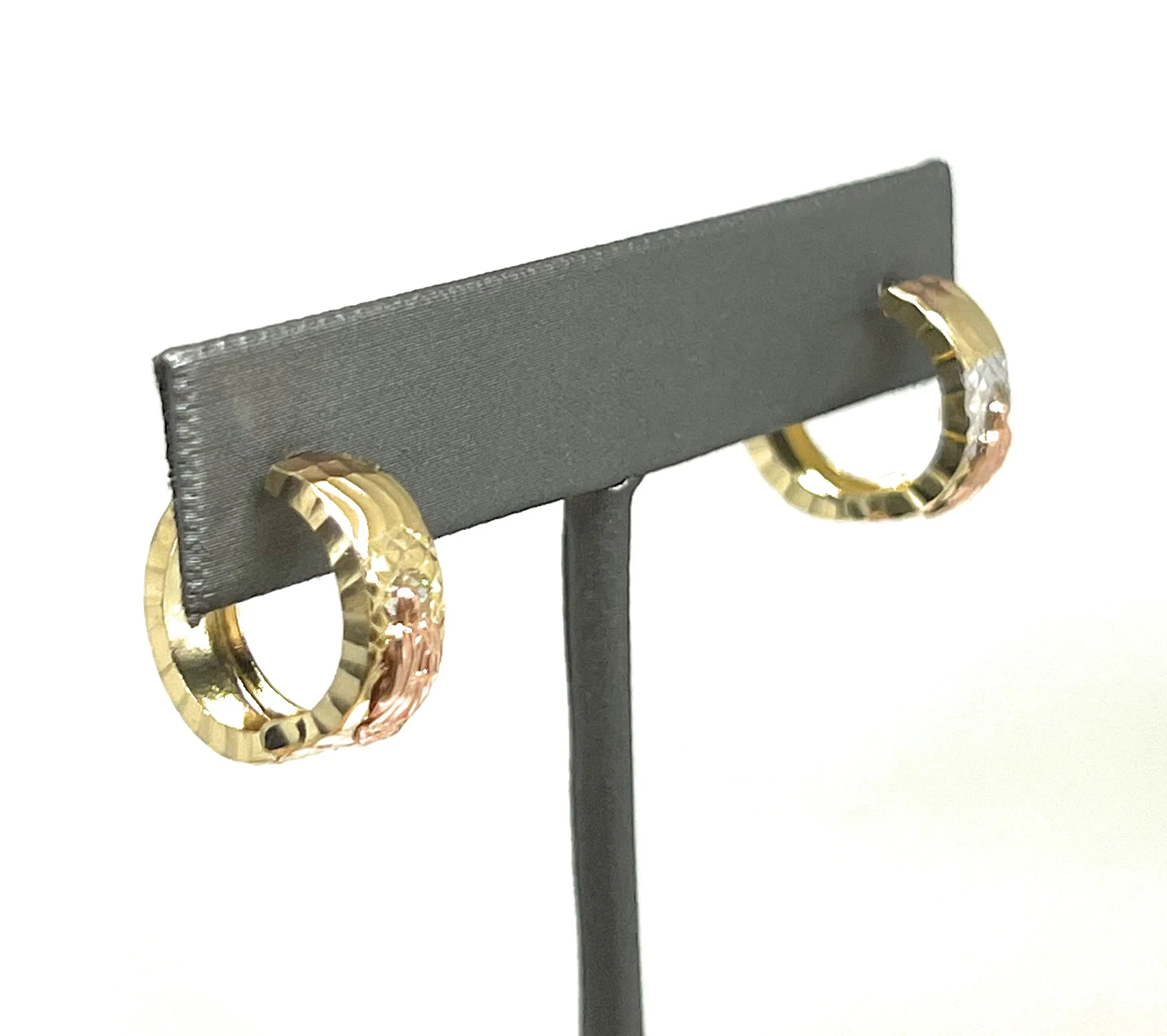 14k Solid Gold Rose & Gold Virrgin Mary Huggie Earrings