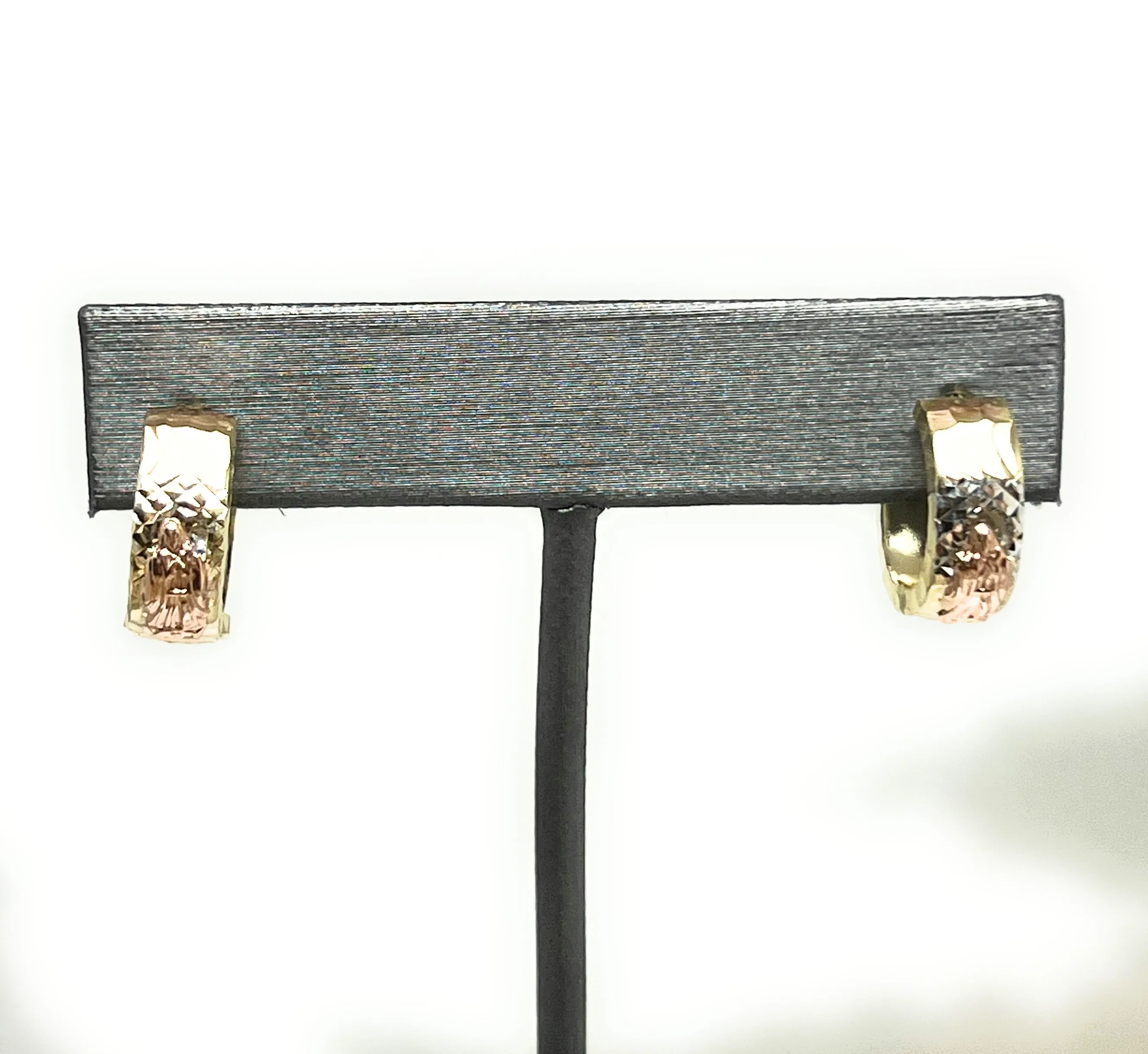 14k Solid Gold Rose & Gold Virrgin Mary Huggie Earrings