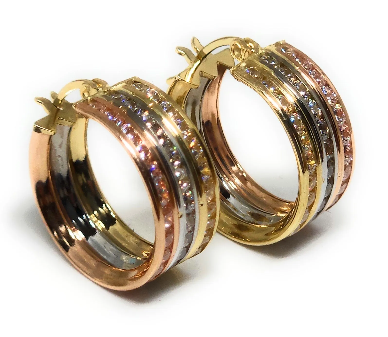 14k Solid Gold Tri-Color Triple Row Huggie CZ Earrings
