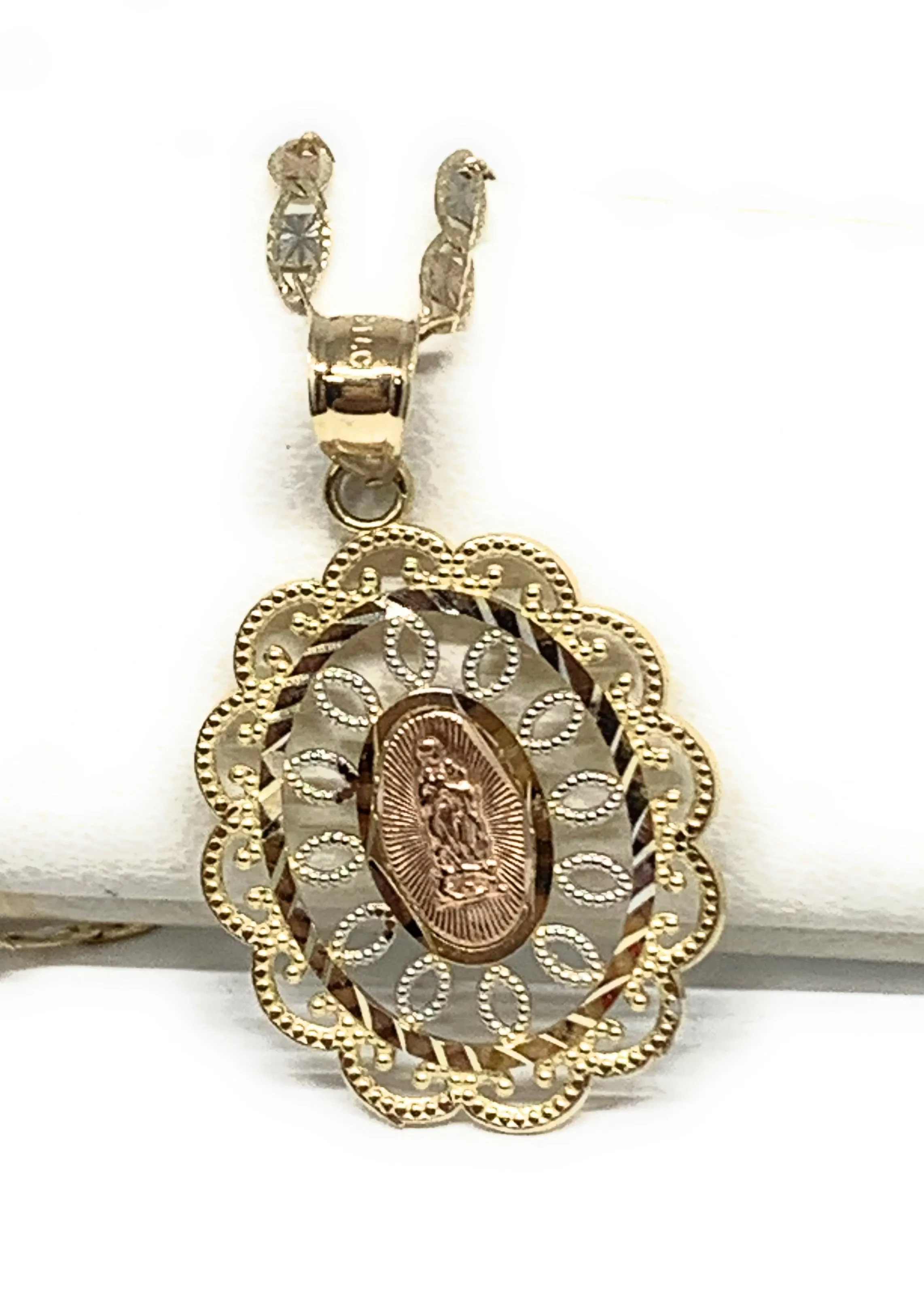 14k Solid Gold Tri-Color Virrgin Mary Filigran Pendant Virrgen Guadalupe Necklace
