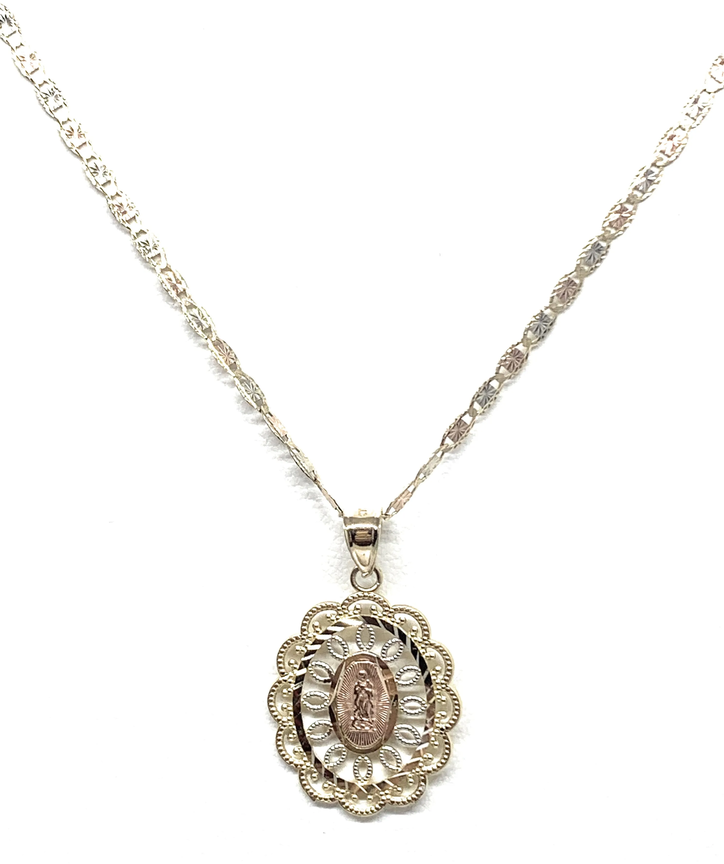 14k Solid Gold Tri-Color Virrgin Mary Filigran Pendant Virrgen Guadalupe Necklace