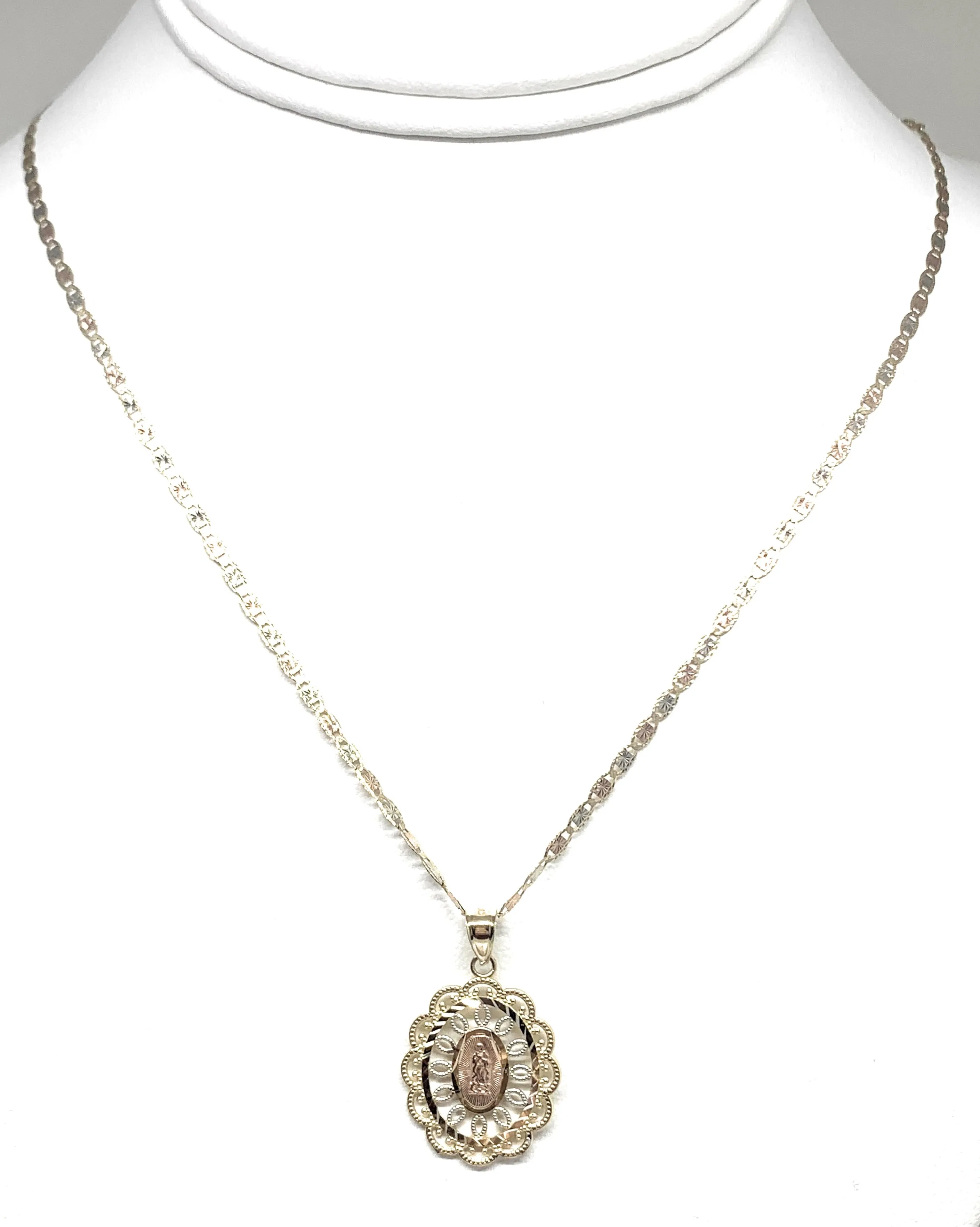 14k Solid Gold Tri-Color Virrgin Mary Filigran Pendant Virrgen Guadalupe Necklace