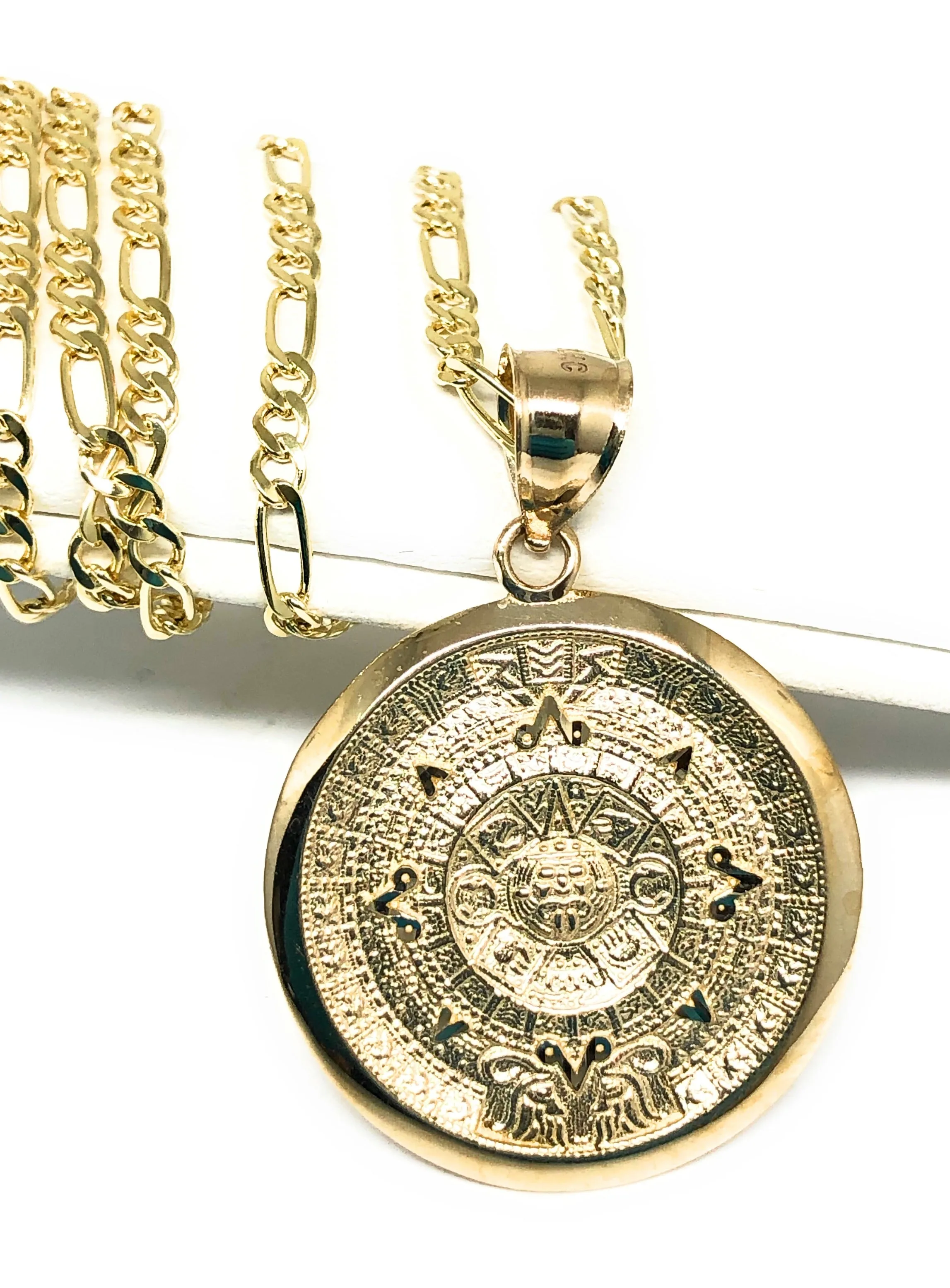 14k Solid Gold Yellow Mexican Aztec Calendar Pendant Necklace with Figaro Chain