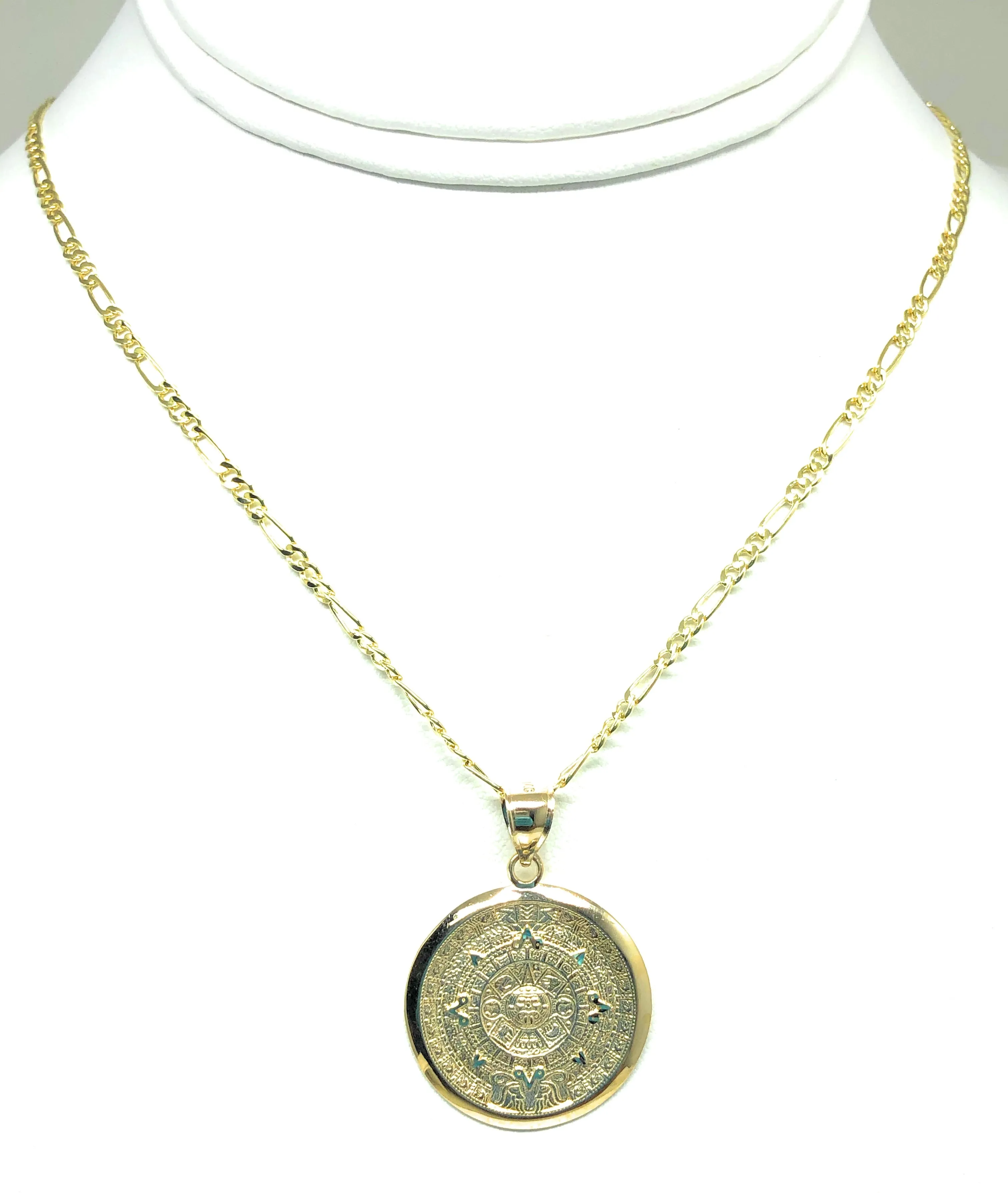 14k Solid Gold Yellow Mexican Aztec Calendar Pendant Necklace with Figaro Chain