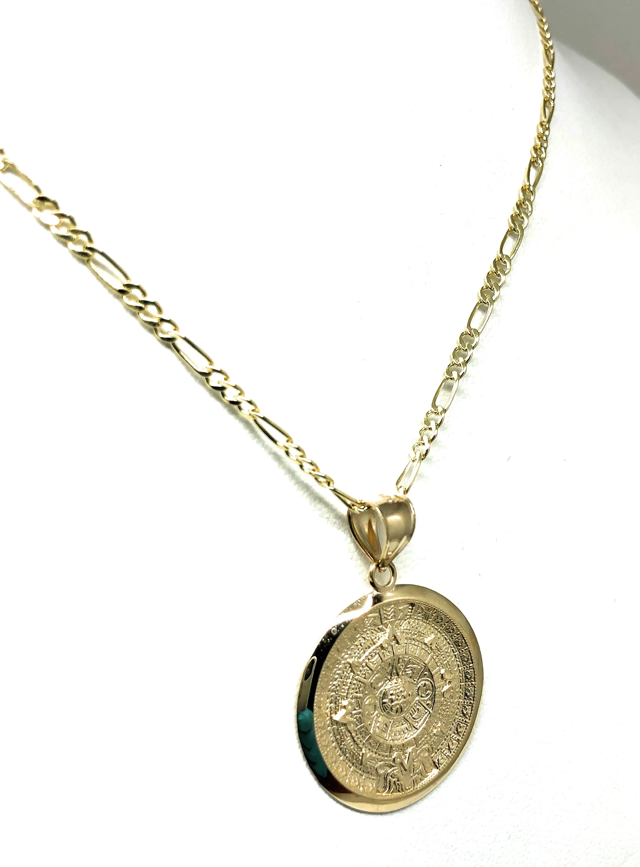 14k Solid Gold Yellow Mexican Aztec Calendar Pendant Necklace with Figaro Chain
