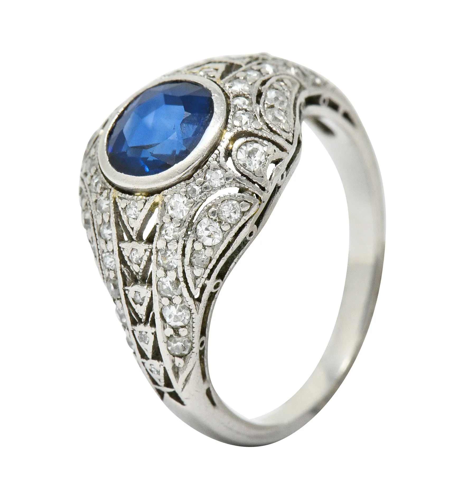 1920's Art Deco Sapphire Diamond Platinum Bombe Band Ring