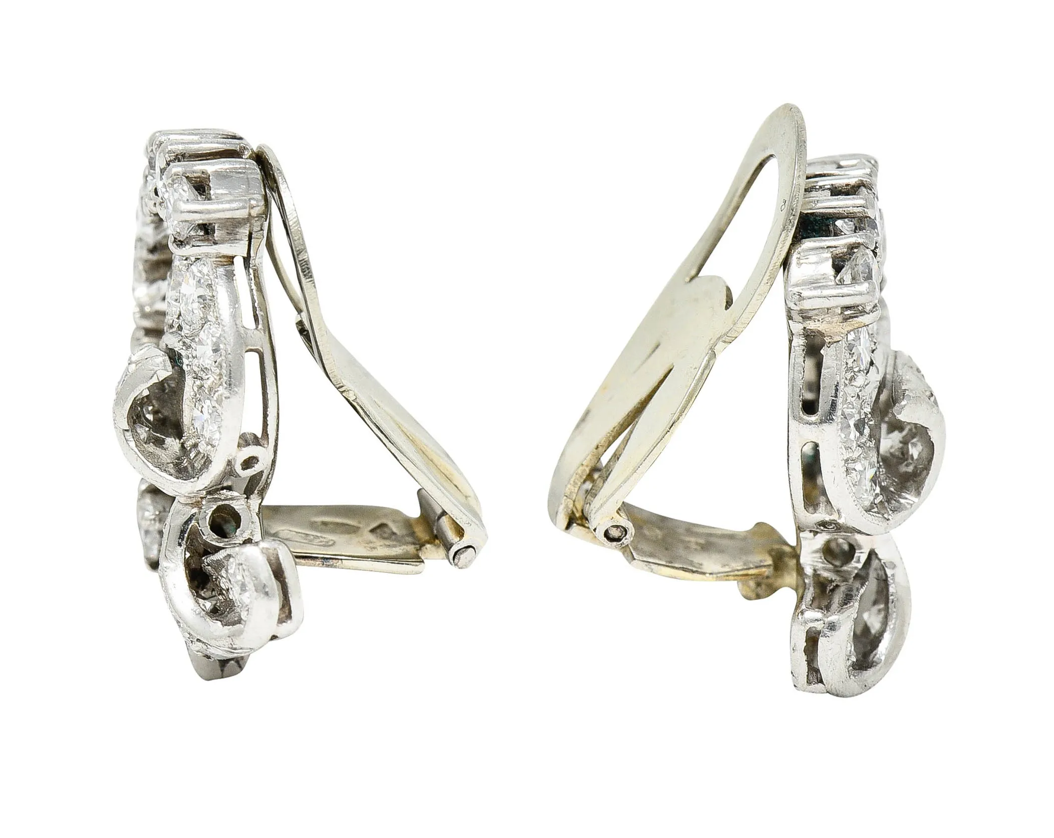 1950's Mid-Century 1.15 CTW Diamond Platinum Ribboned Ear-Clip Earrings
