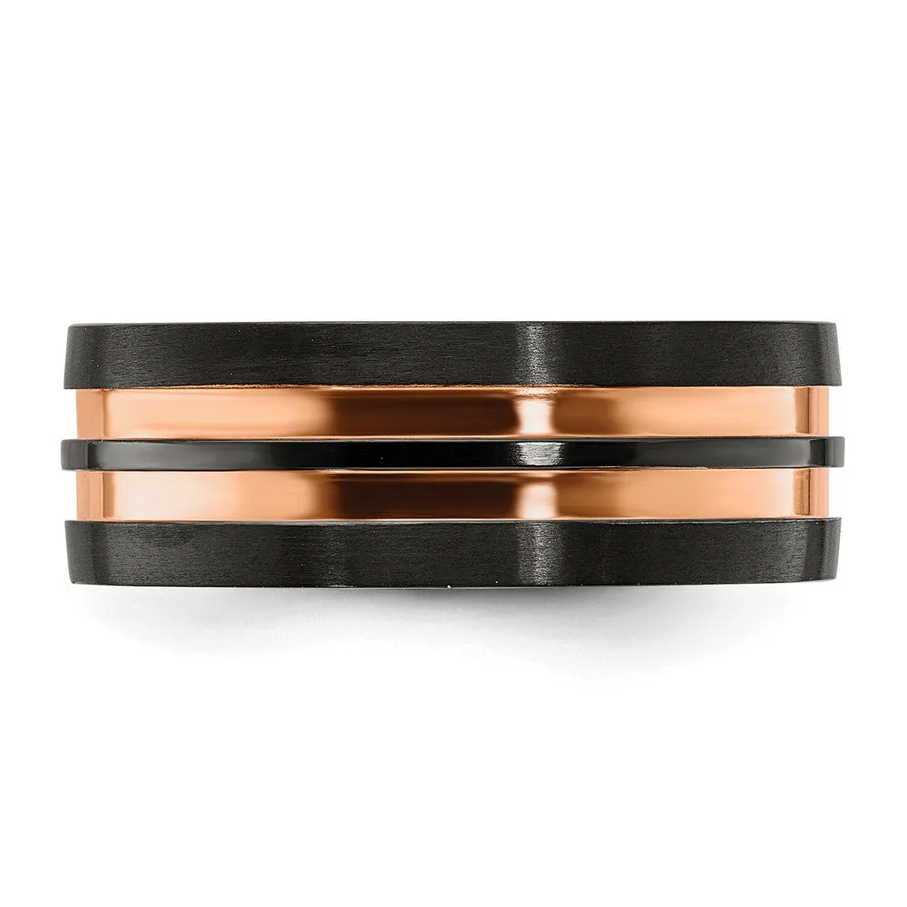 8mm Black Zirconium & Rose Tone Grooved Standard Fit Band