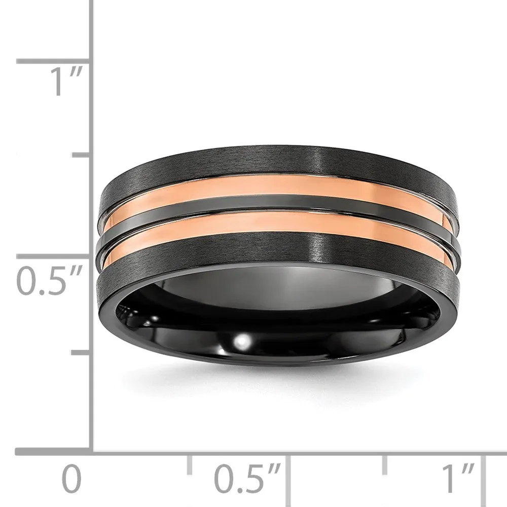 8mm Black Zirconium & Rose Tone Grooved Standard Fit Band