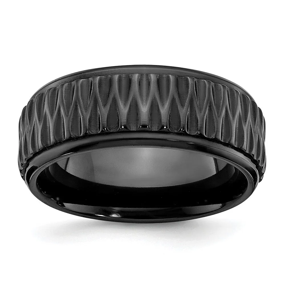 8mm Black Zirconium Grooved & Ridged Edge Standard Fit Band