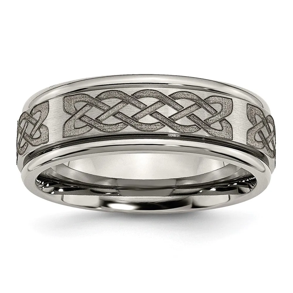 8mm Titanium Celtic Etched Design Grooved Edge Standard Fit Band