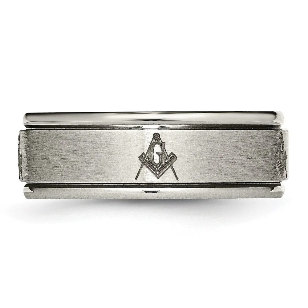 8mm Titanium Laser Etched Masonic Grooved Edge Standard Fit Band