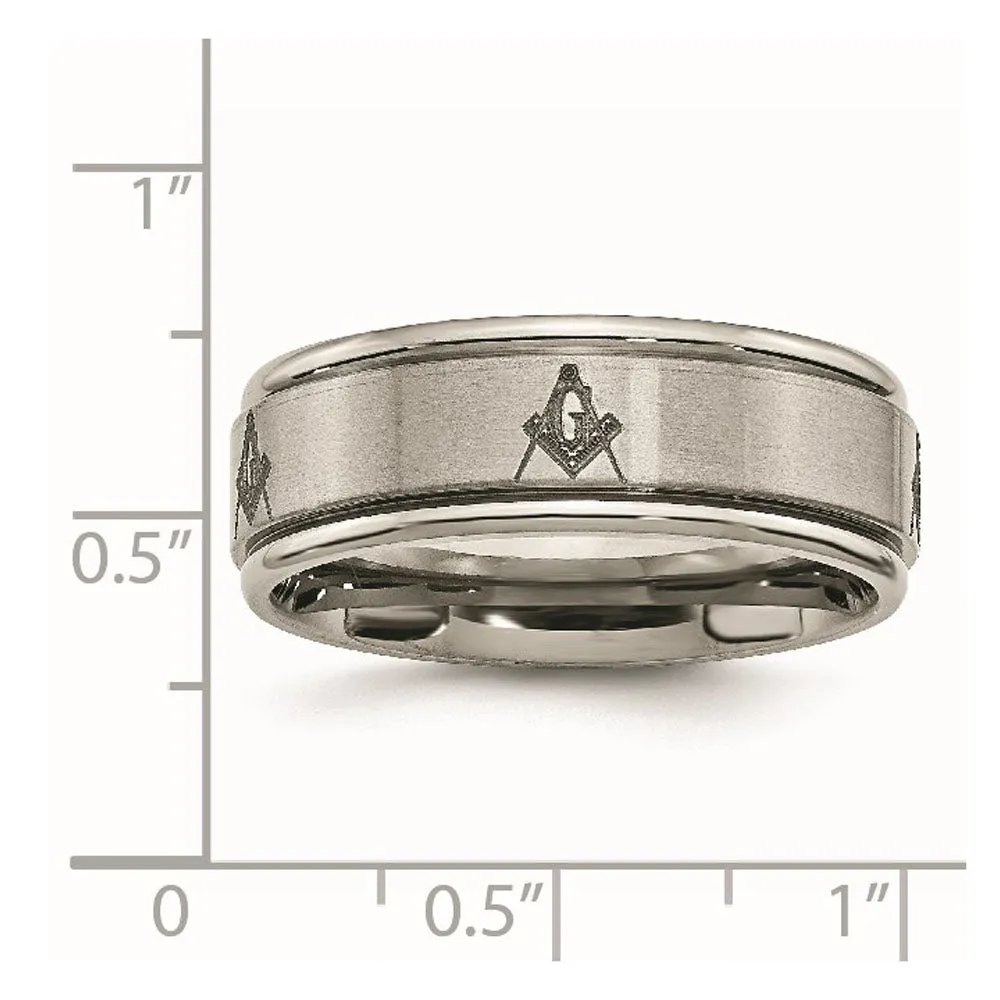 8mm Titanium Laser Etched Masonic Grooved Edge Standard Fit Band