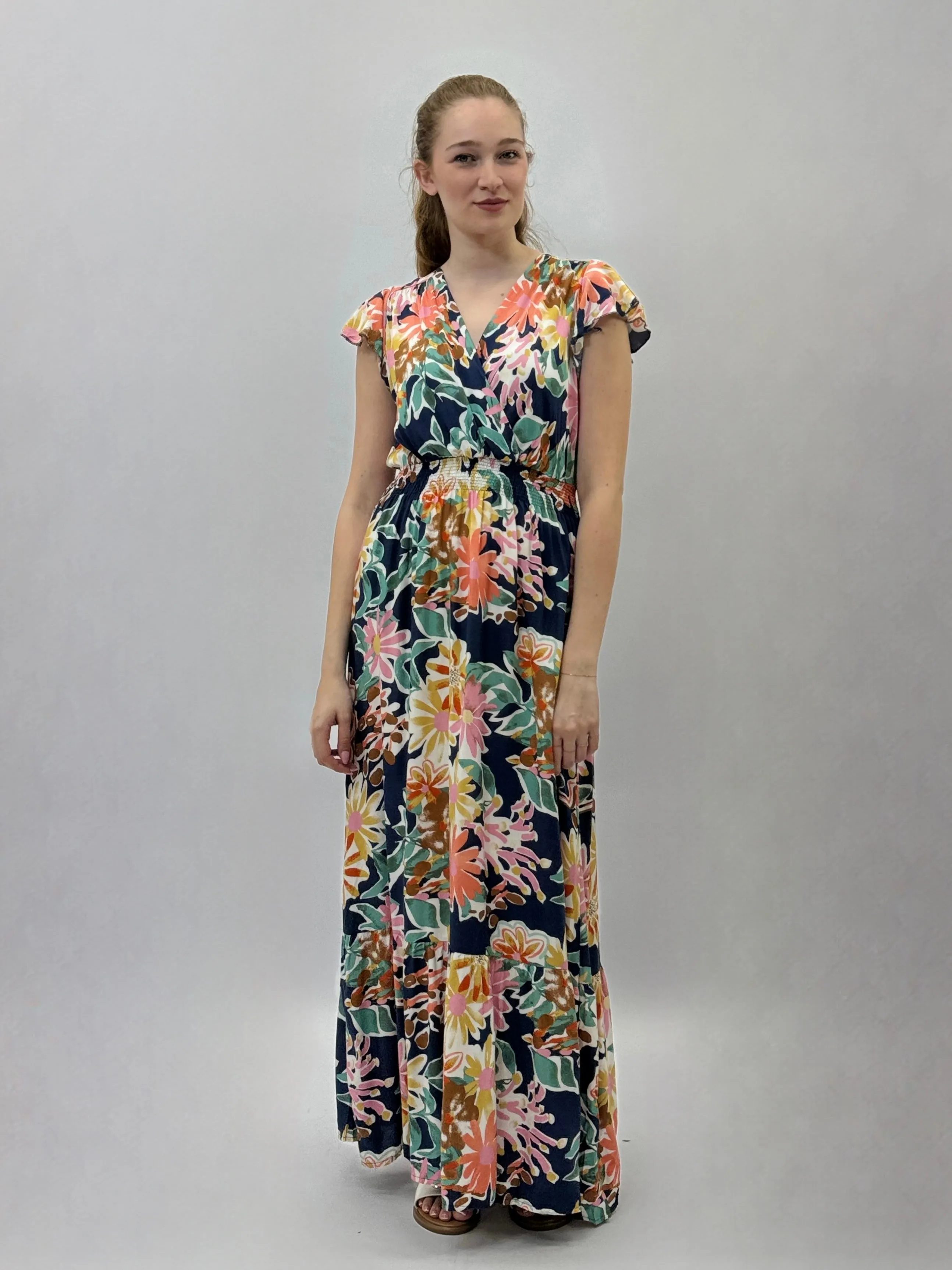 Abito con scollo a V e maniche con stampa fiori