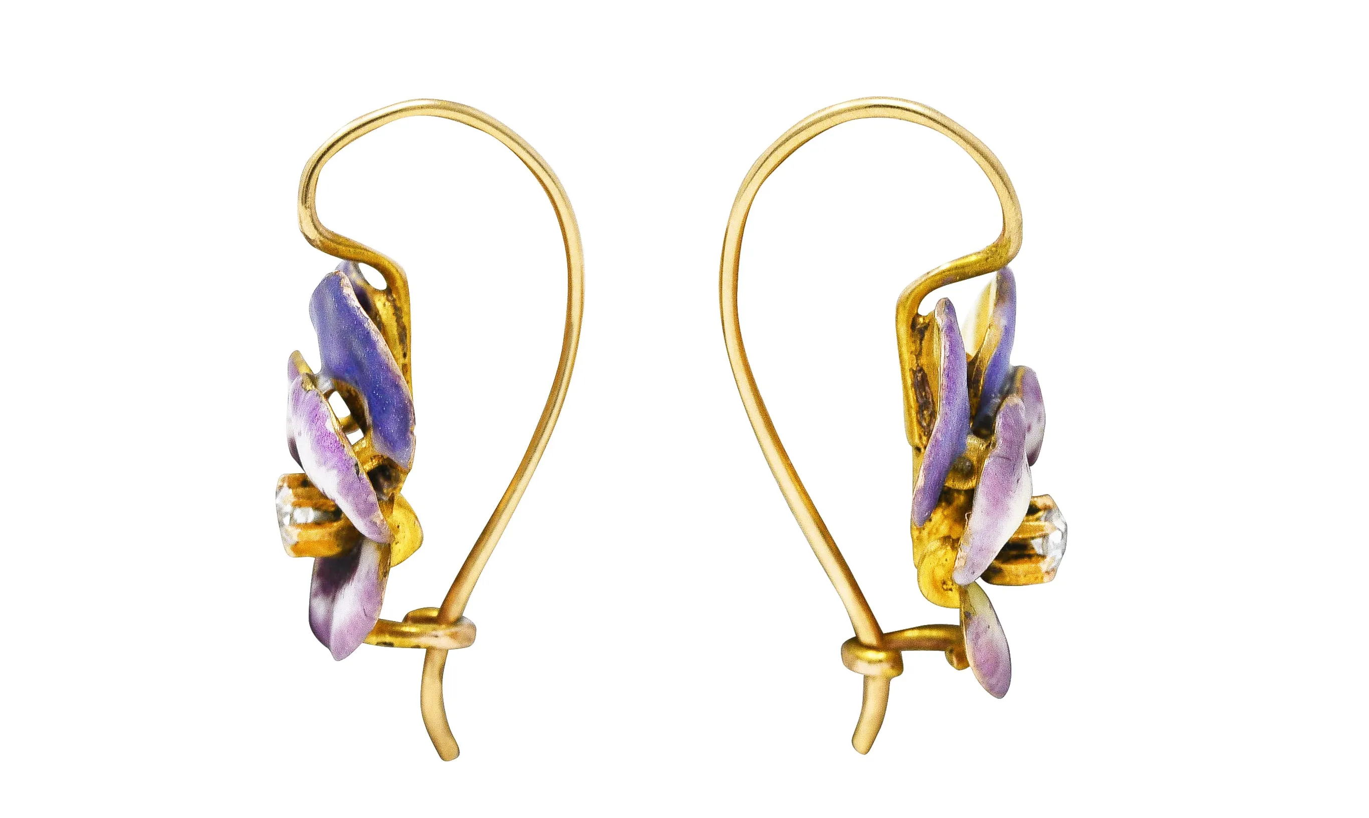 Art Nouveau Diamond Enamel 14 Karat Yellow Gold Pansy Antique Earrings