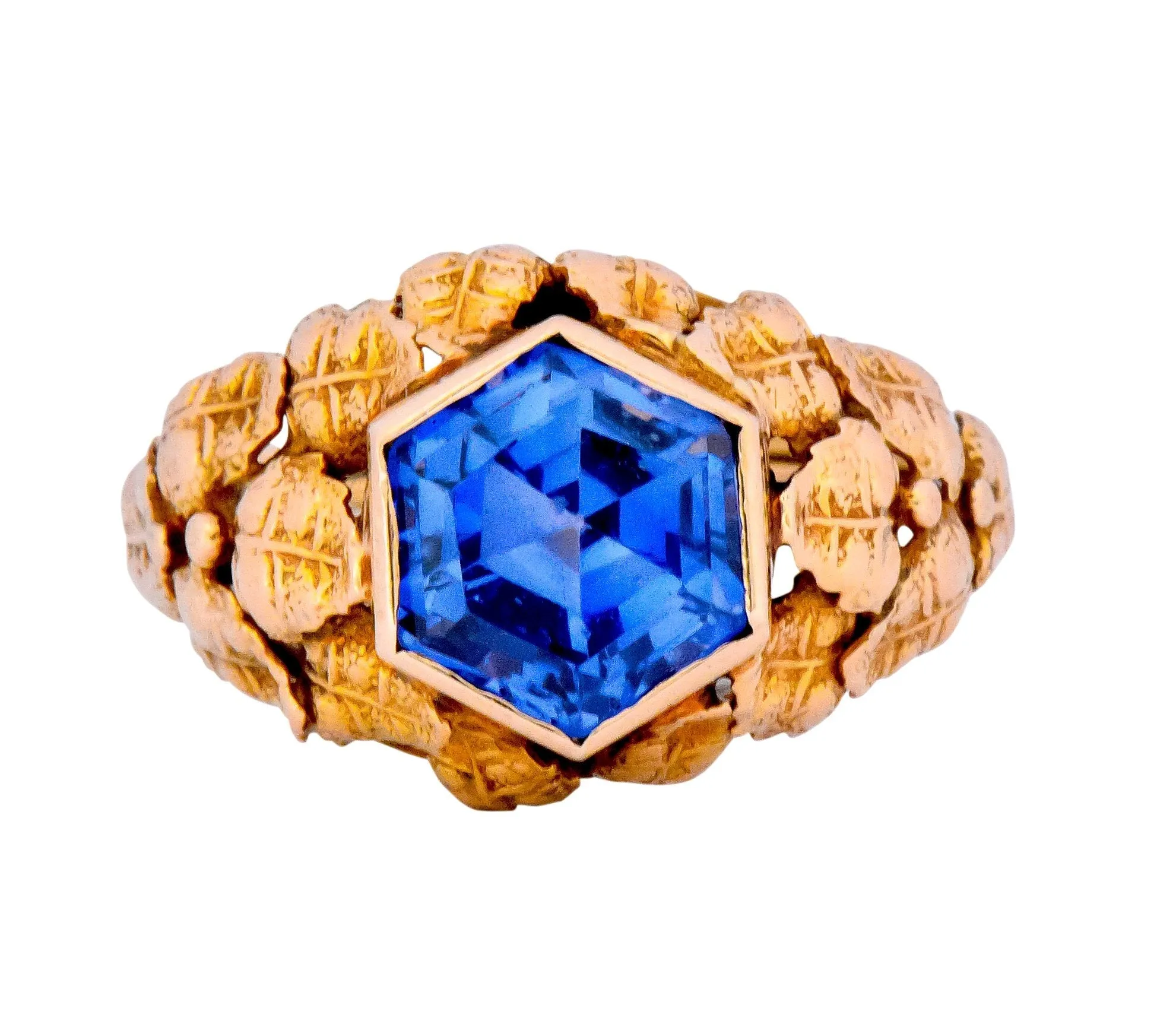 Arts & Crafts 1910 No Heat Hexagonal Sapphire 14 Karat Rose Gold Foliate Ring GIA