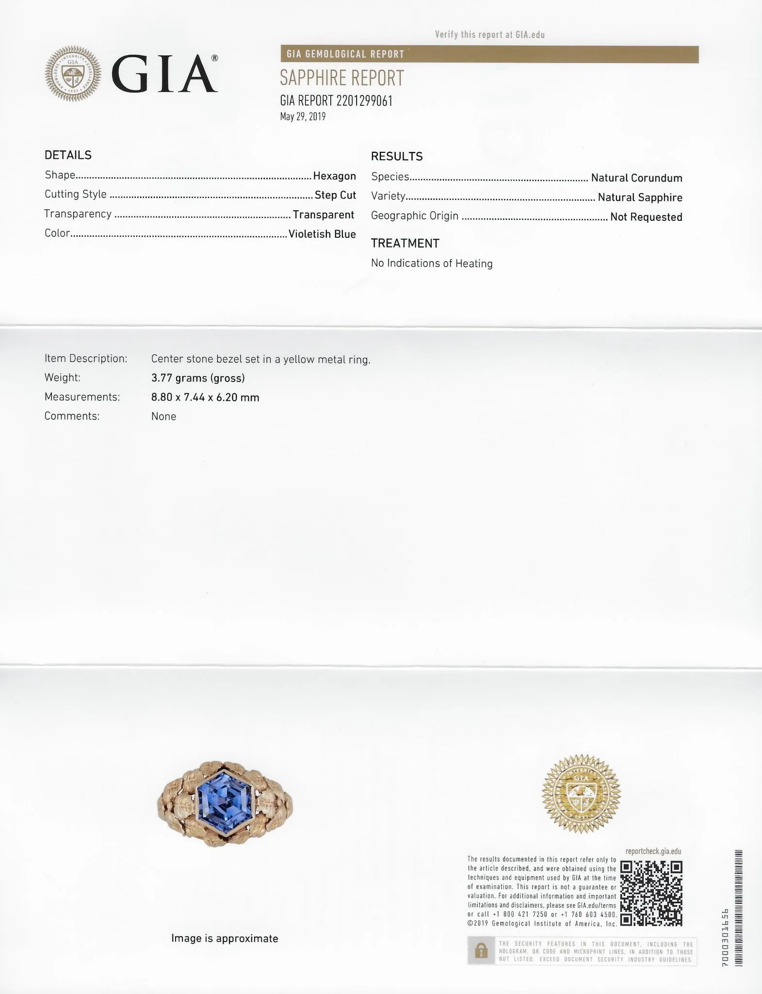 Arts & Crafts 1910 No Heat Hexagonal Sapphire 14 Karat Rose Gold Foliate Ring GIA