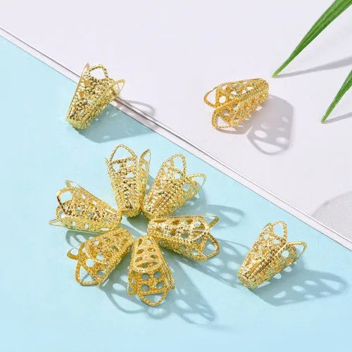 Bead Caps, Dotted, Ornate, Flower, Gold Plated, Iron, 10x16mm