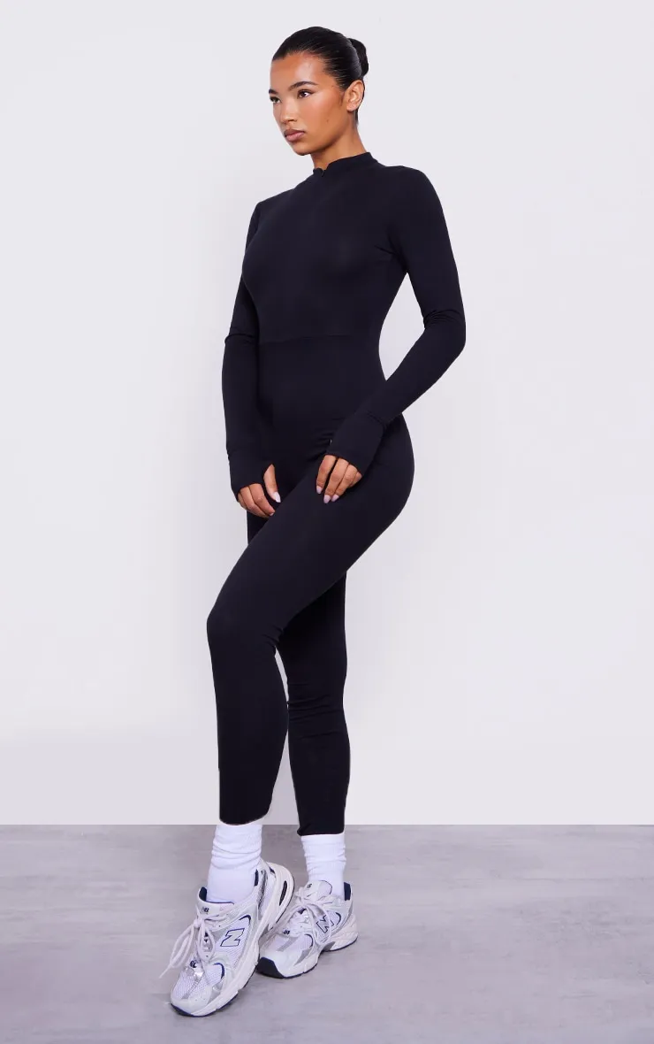 Black Cotton Zip Front Catsuit