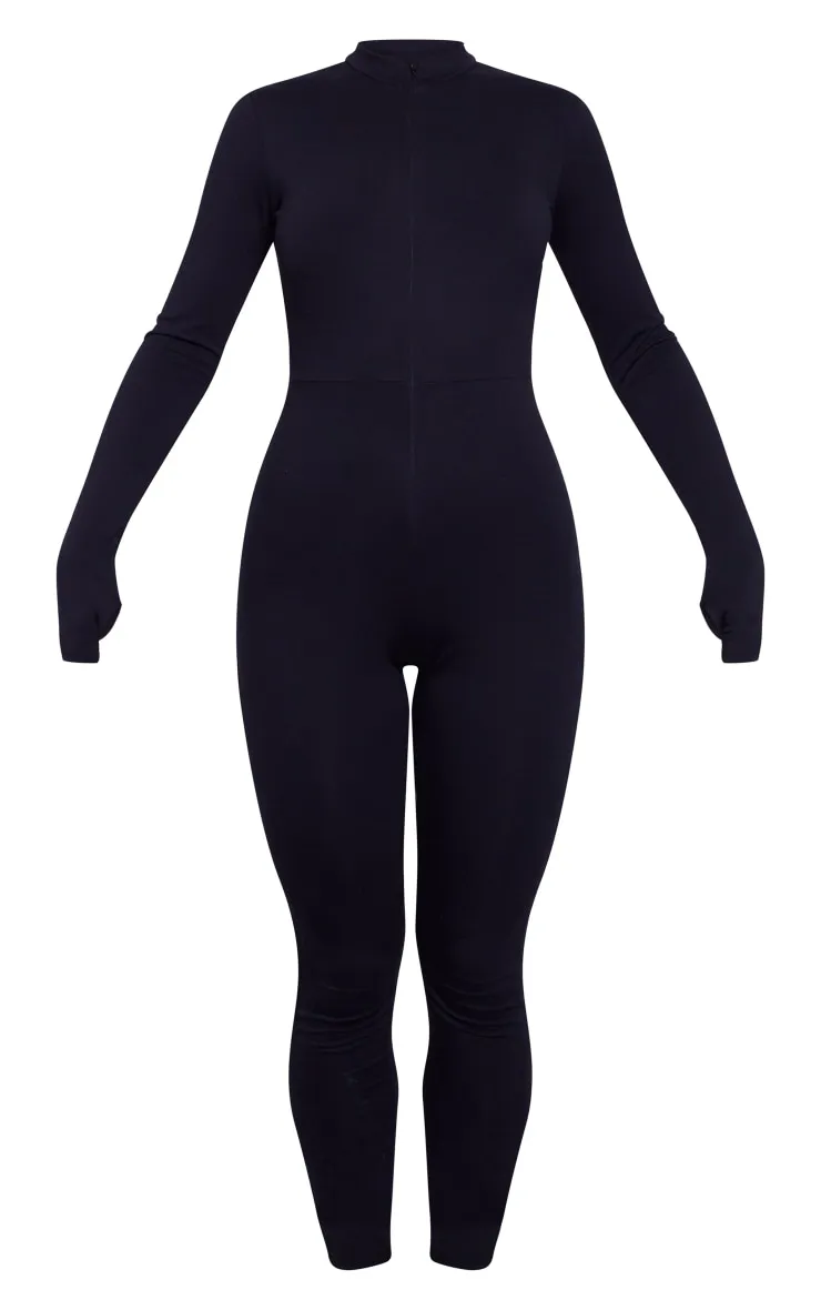 Black Cotton Zip Front Catsuit