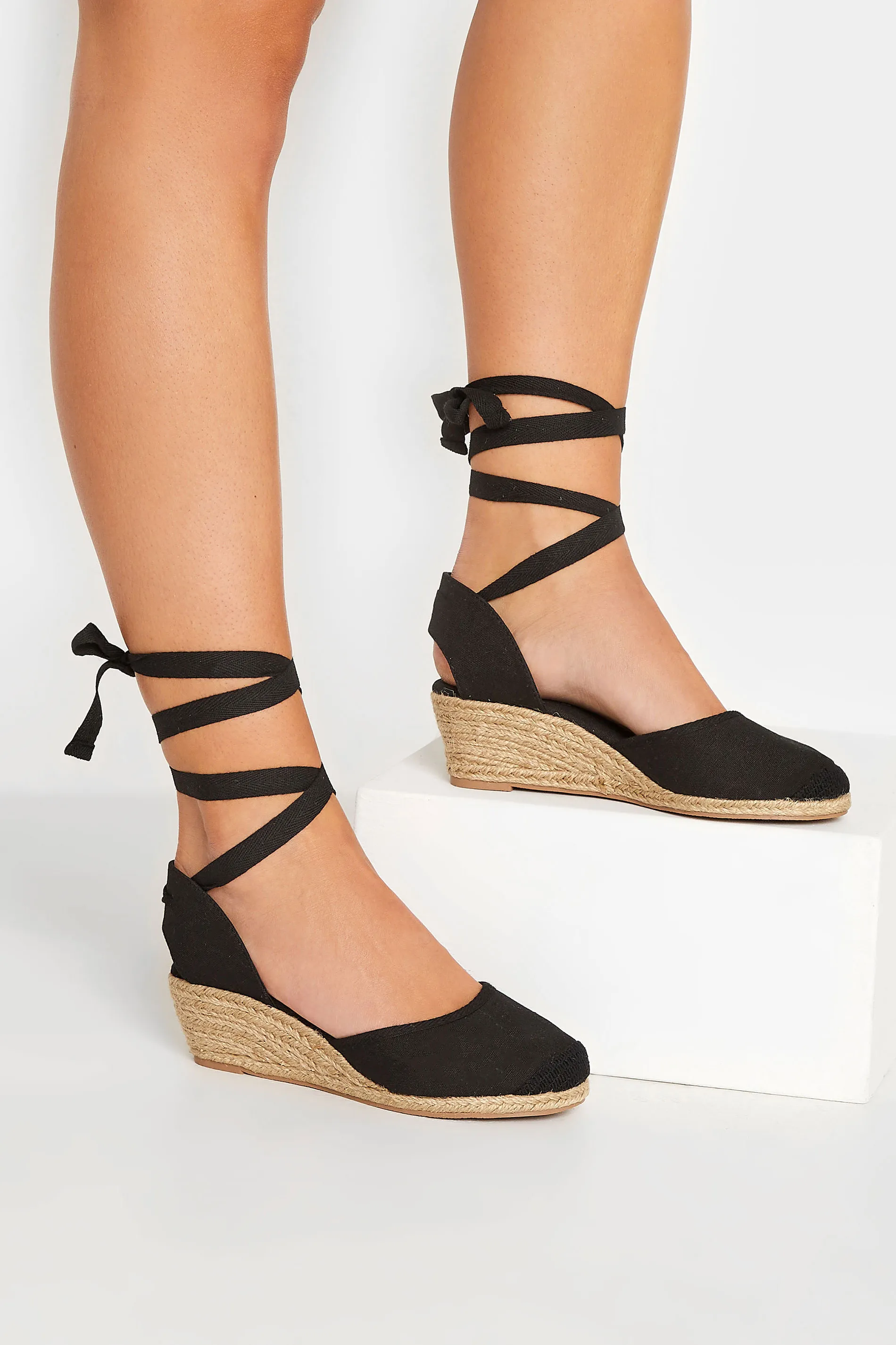 Black Lace Up Espadrille Wedges In Wide E Fit & Extra Wide EEE Fit