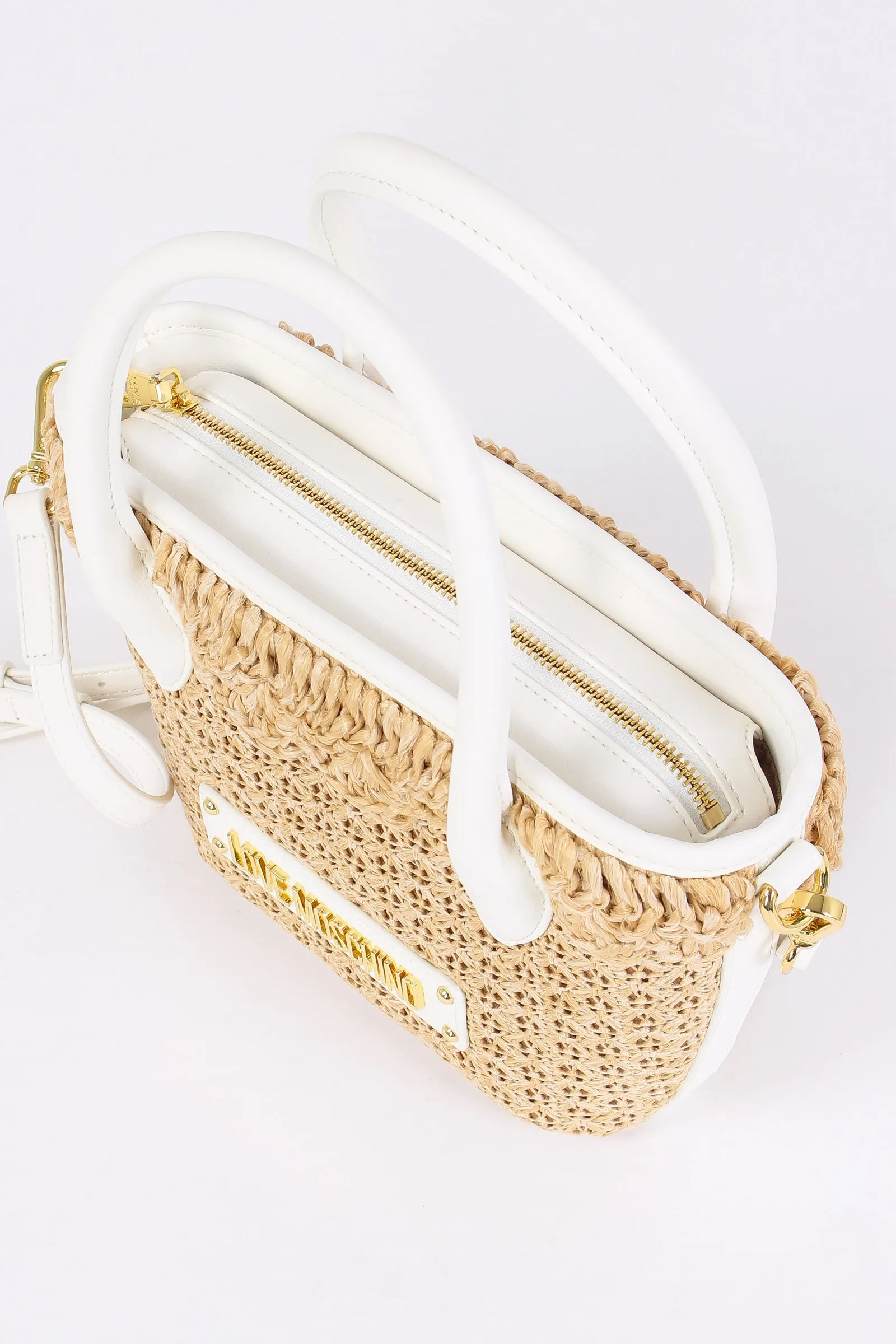 Borsa Rafia Tracolla Logo Naturale/bianco