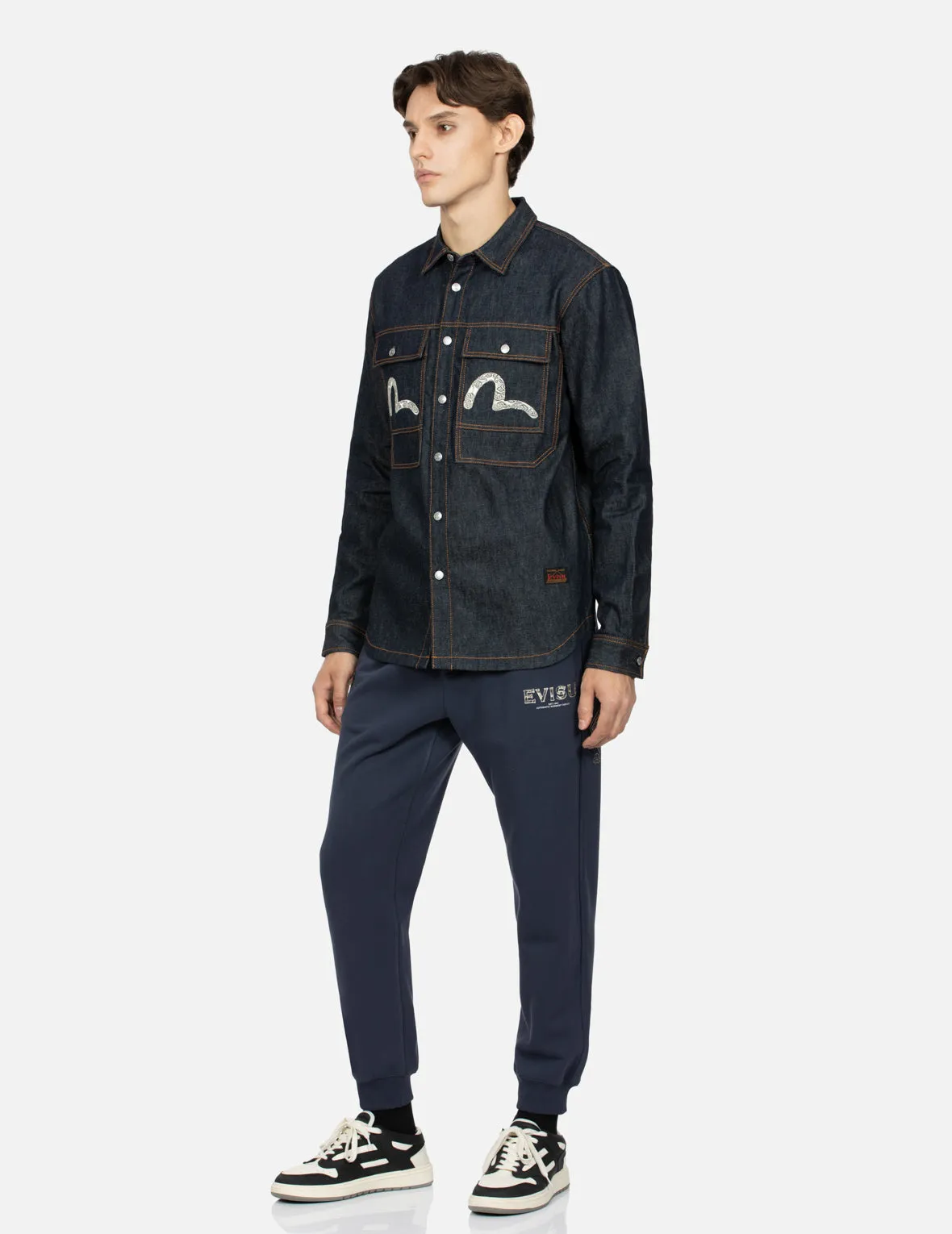 Cloud-pattern Seagull Embroidery Regular Fit Denim Work Shirt