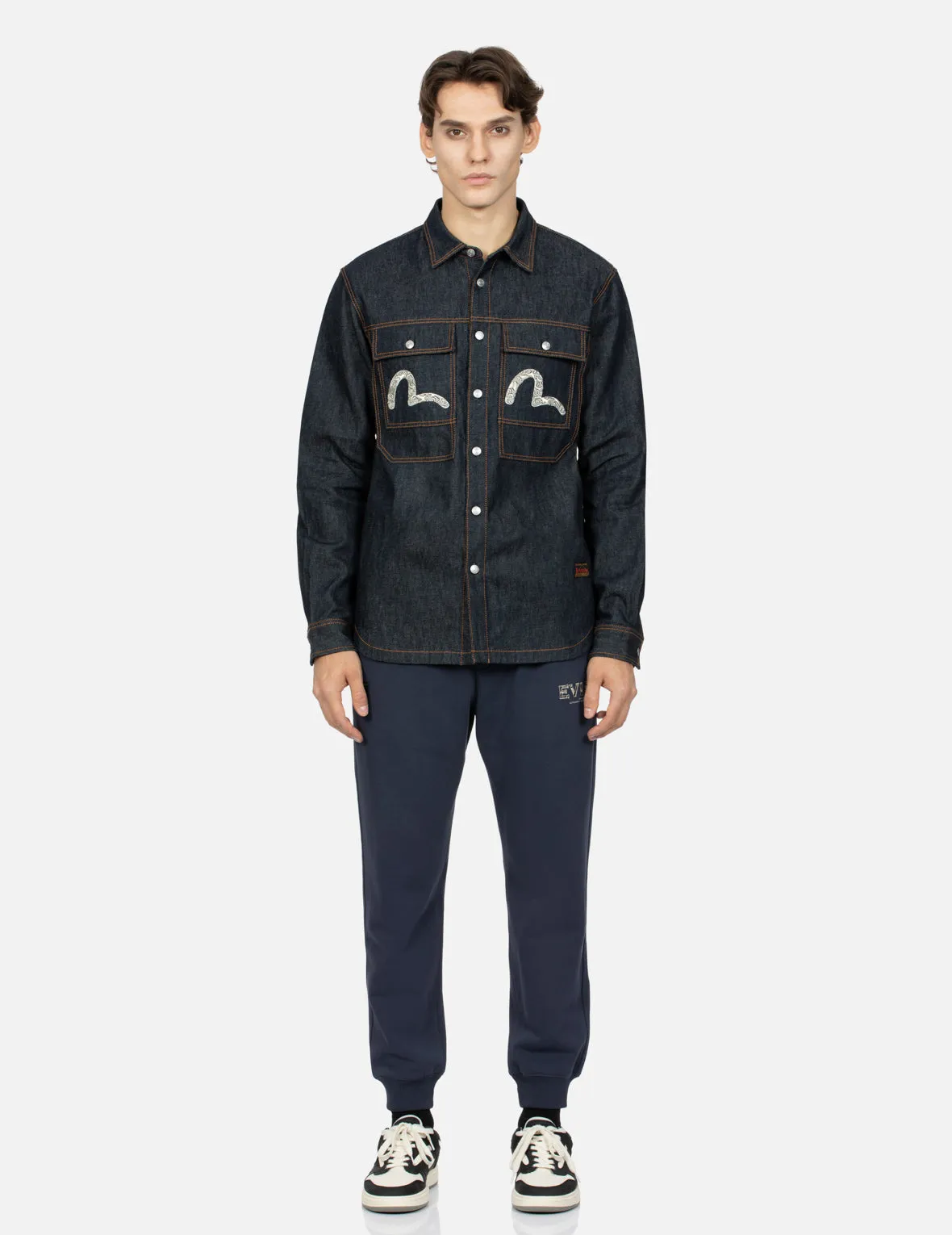 Cloud-pattern Seagull Embroidery Regular Fit Denim Work Shirt