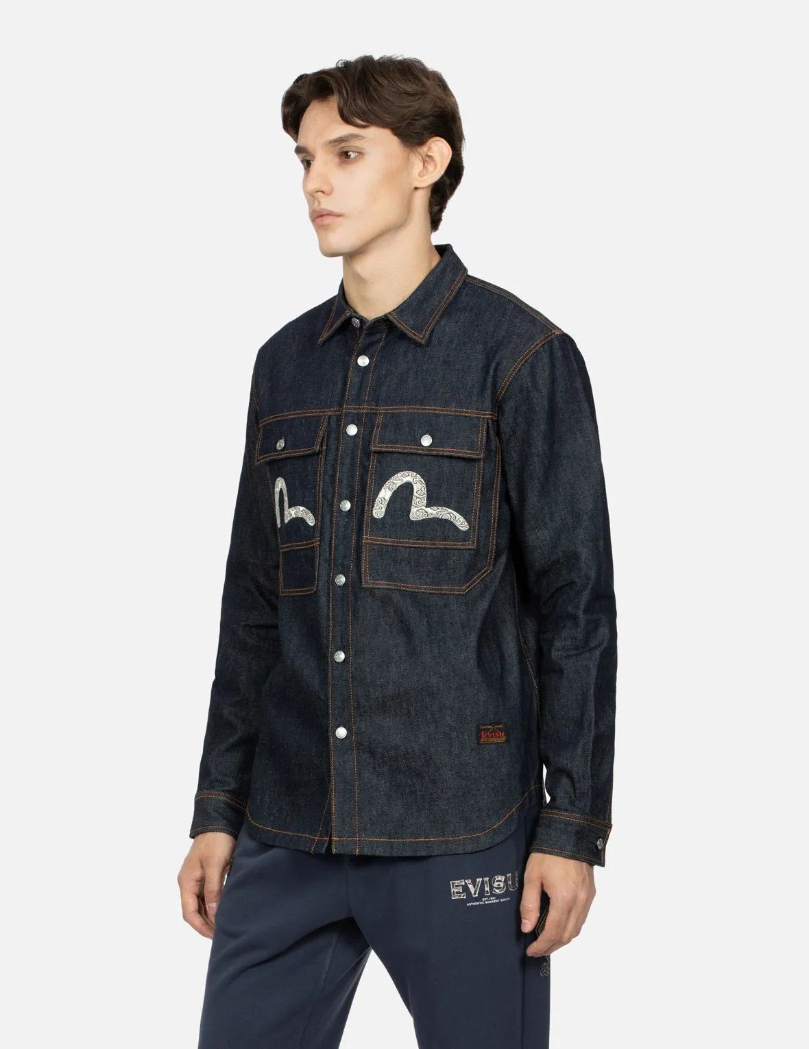 Cloud-pattern Seagull Embroidery Regular Fit Denim Work Shirt