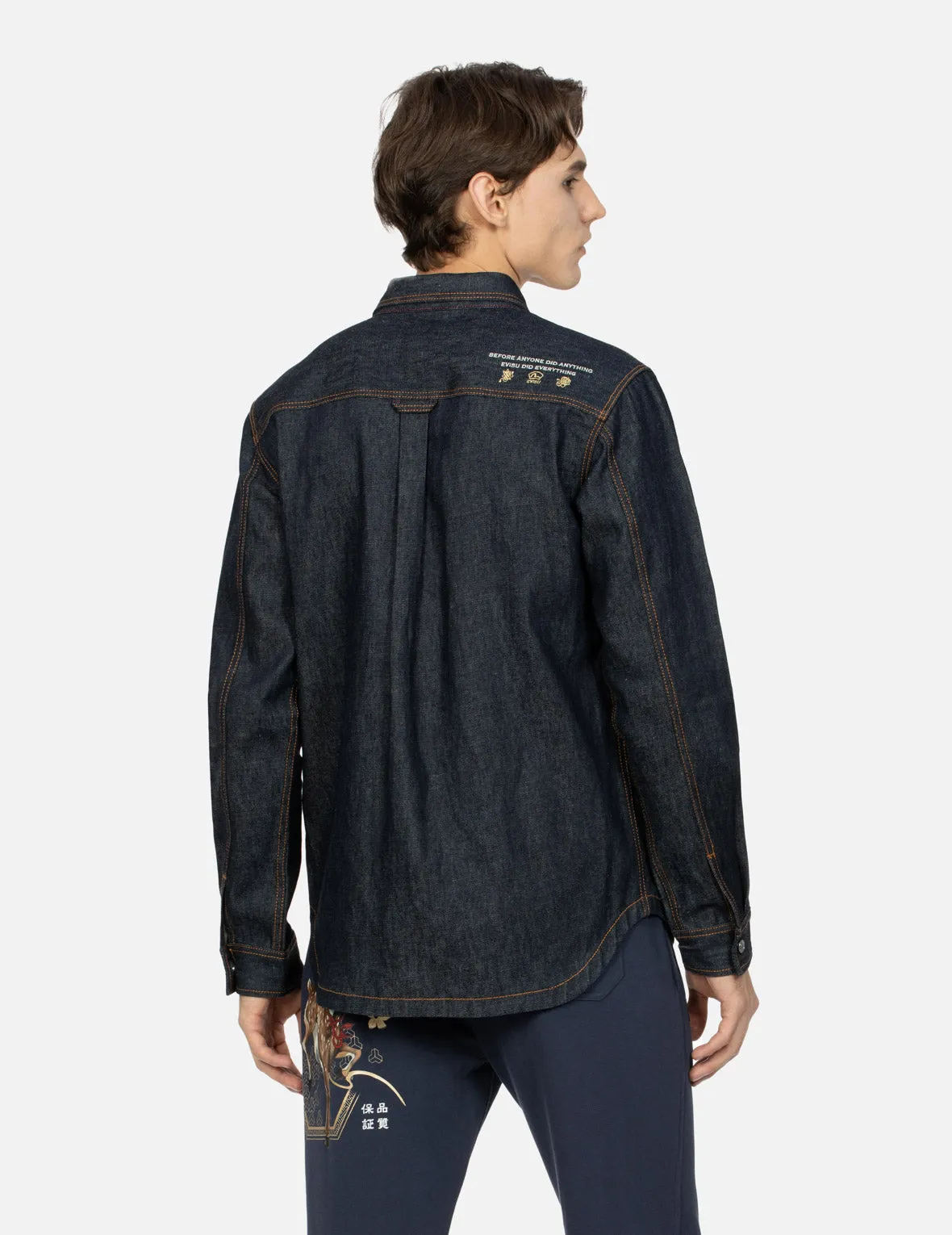 Cloud-pattern Seagull Embroidery Regular Fit Denim Work Shirt