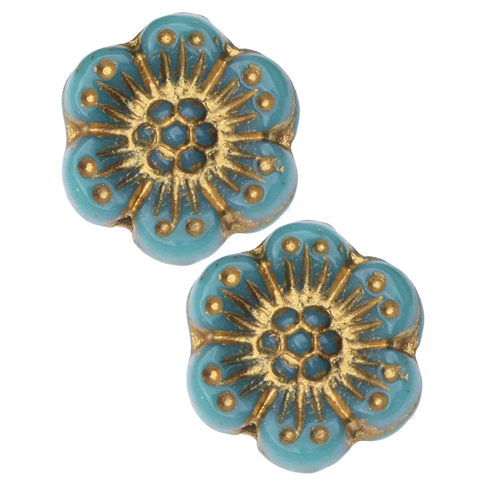 Czech Glass Beads, Wild Rose Flower 14mm, Turquoise Opaque with Gold Wash, by Raven's Journey (1 Strand)