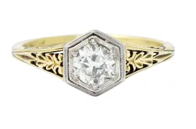 Edwardian 0.48 CTW Diamond Platinum-Topped 14 Karat Gold Hexagonal Engagement Ring