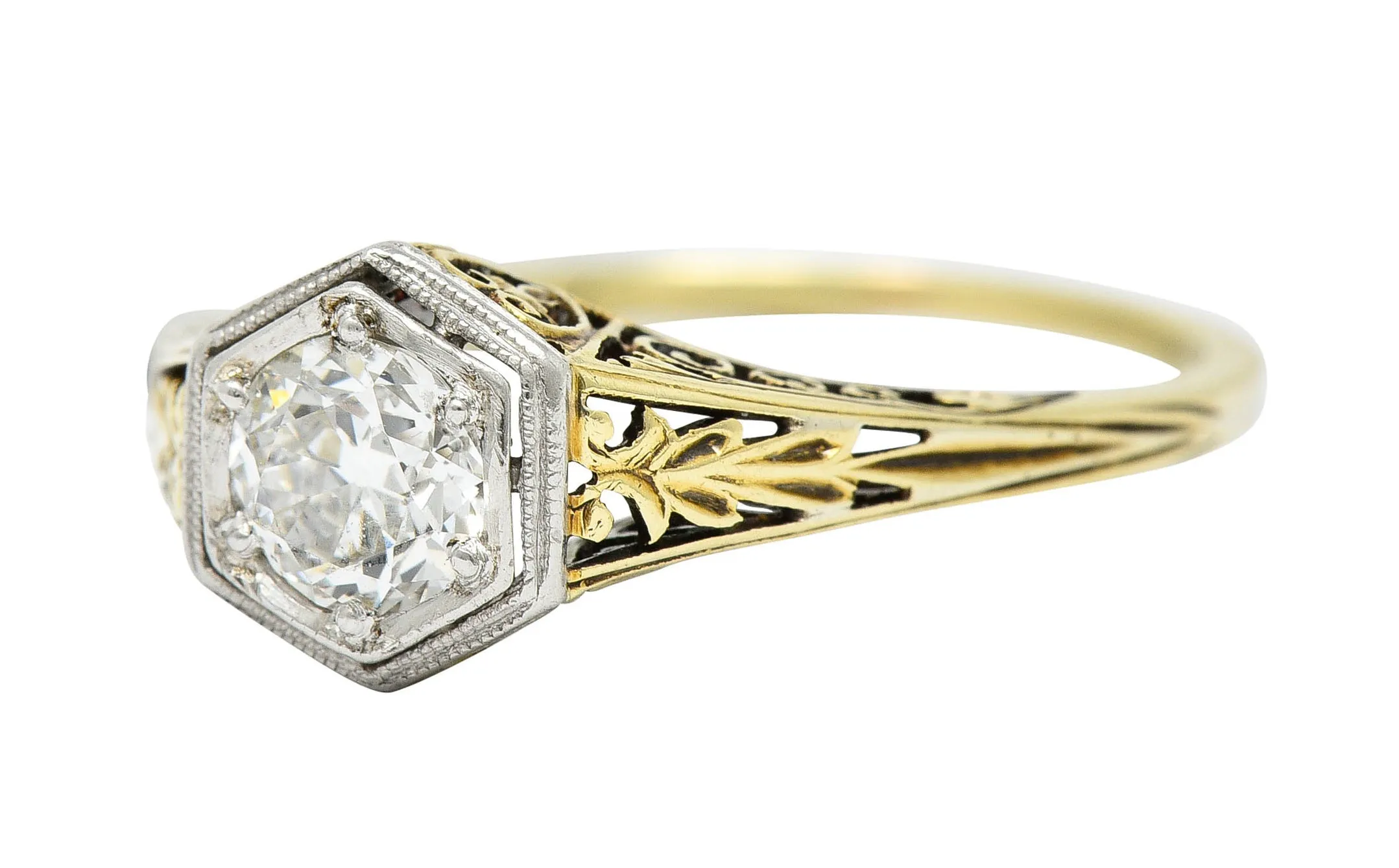 Edwardian 0.48 CTW Diamond Platinum-Topped 14 Karat Gold Hexagonal Engagement Ring