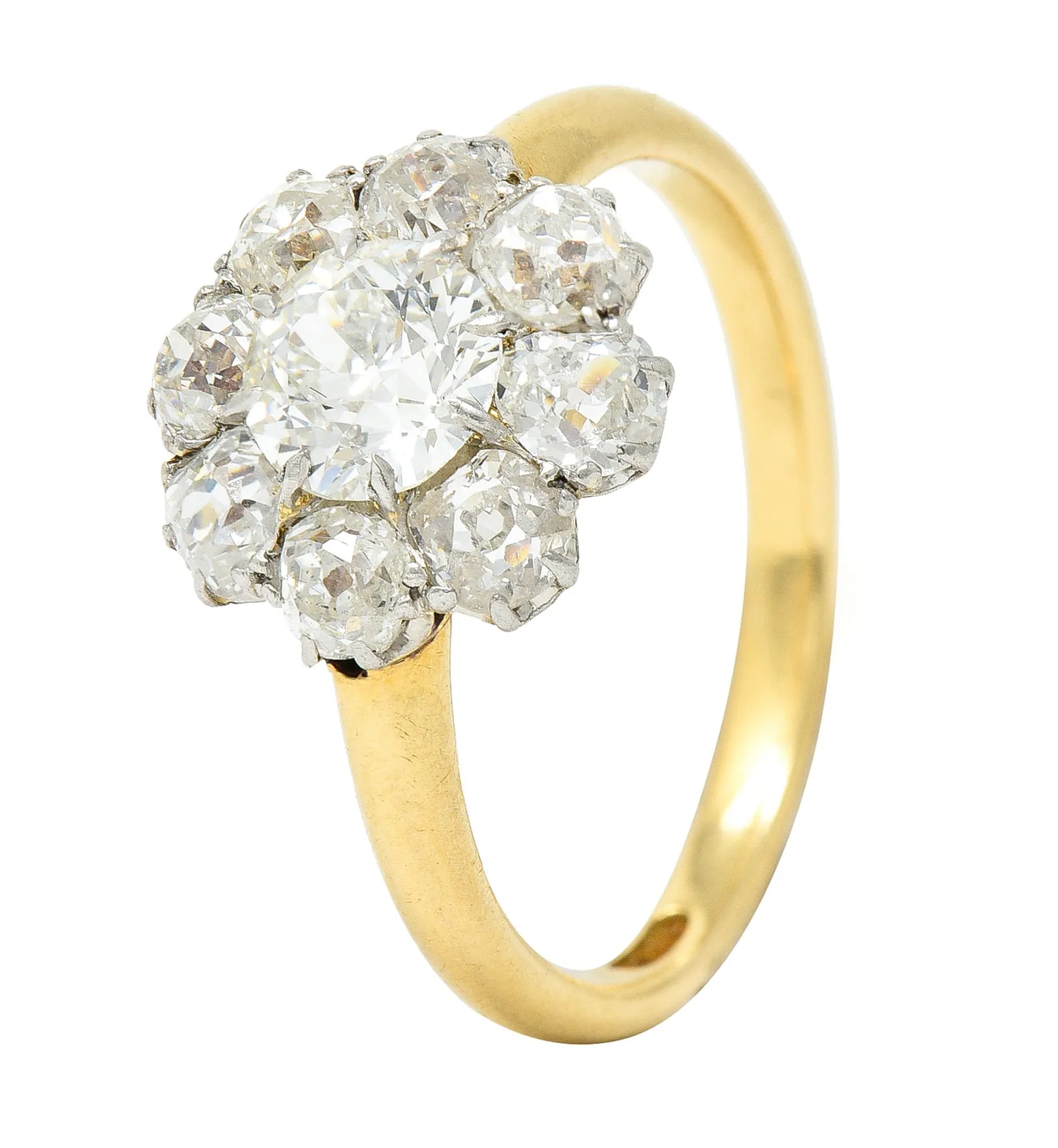 Edwardian 2.77 CTW Old European & Old Mine Cut Diamond Platinum 18 Karat Yellow Gold Antique Cluster Engagement Ring