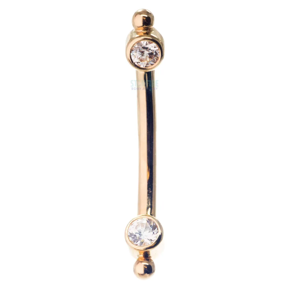 Gold Curved Barbell with White CZ's in Forward Facing Bezels & Bead Accents