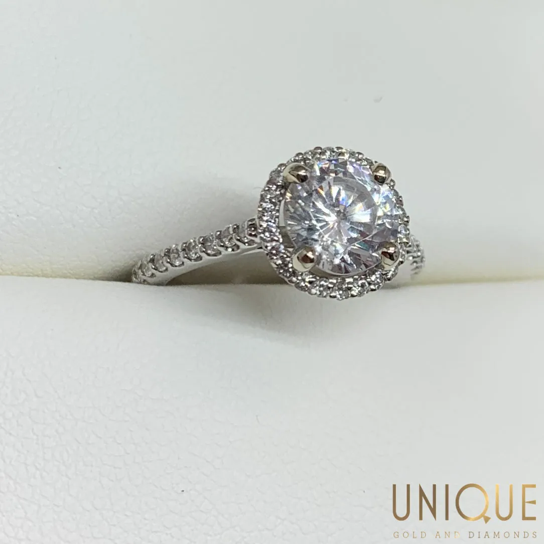 Halo CZ Ring With Round Diamond Accents