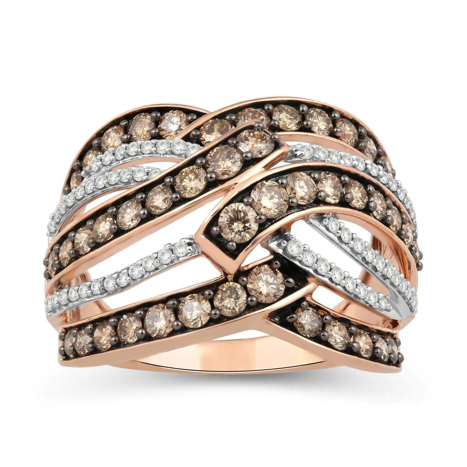 Jewelili 10K Rose Gold With 1 1/2 CTTW White Diamonds and Champagne Round Diamonds Ring