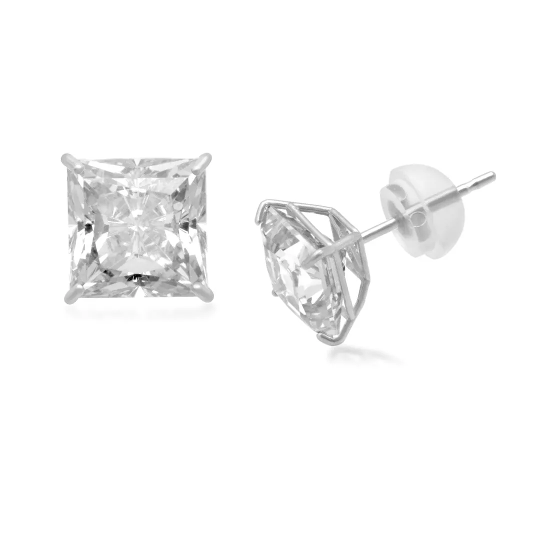 Jewelili 10K White Gold 6.0 mm Princess Cut Cubic Zirconia Stud Earrings