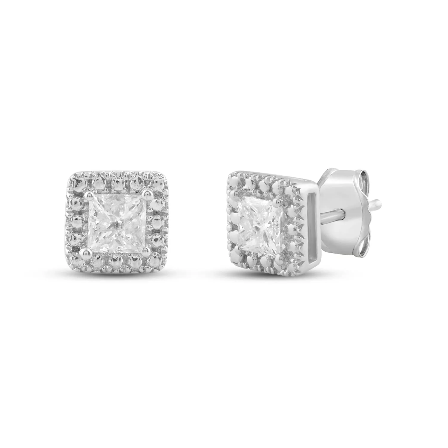 Jewelili 10K White Gold With 1/2 CTTW Princess Cut Diamonds Stud Earrings