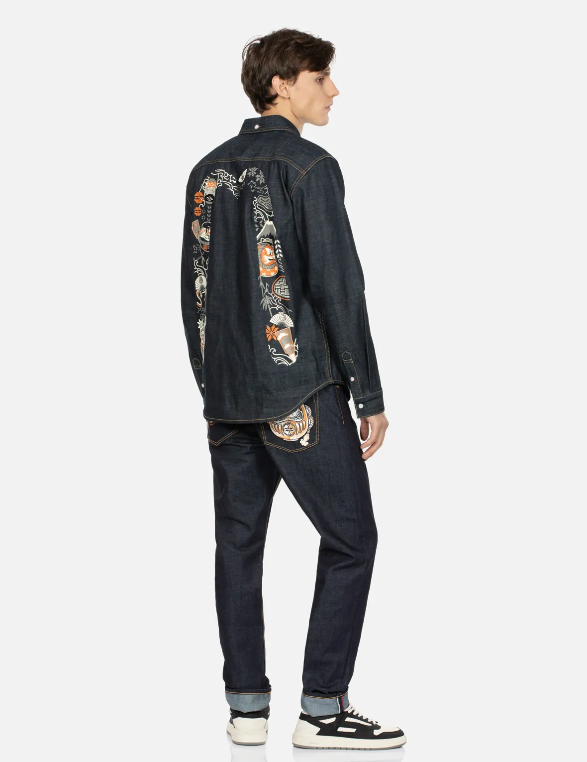 Kumadori Daruma Daicock Print Regular Fit Denim Shirt