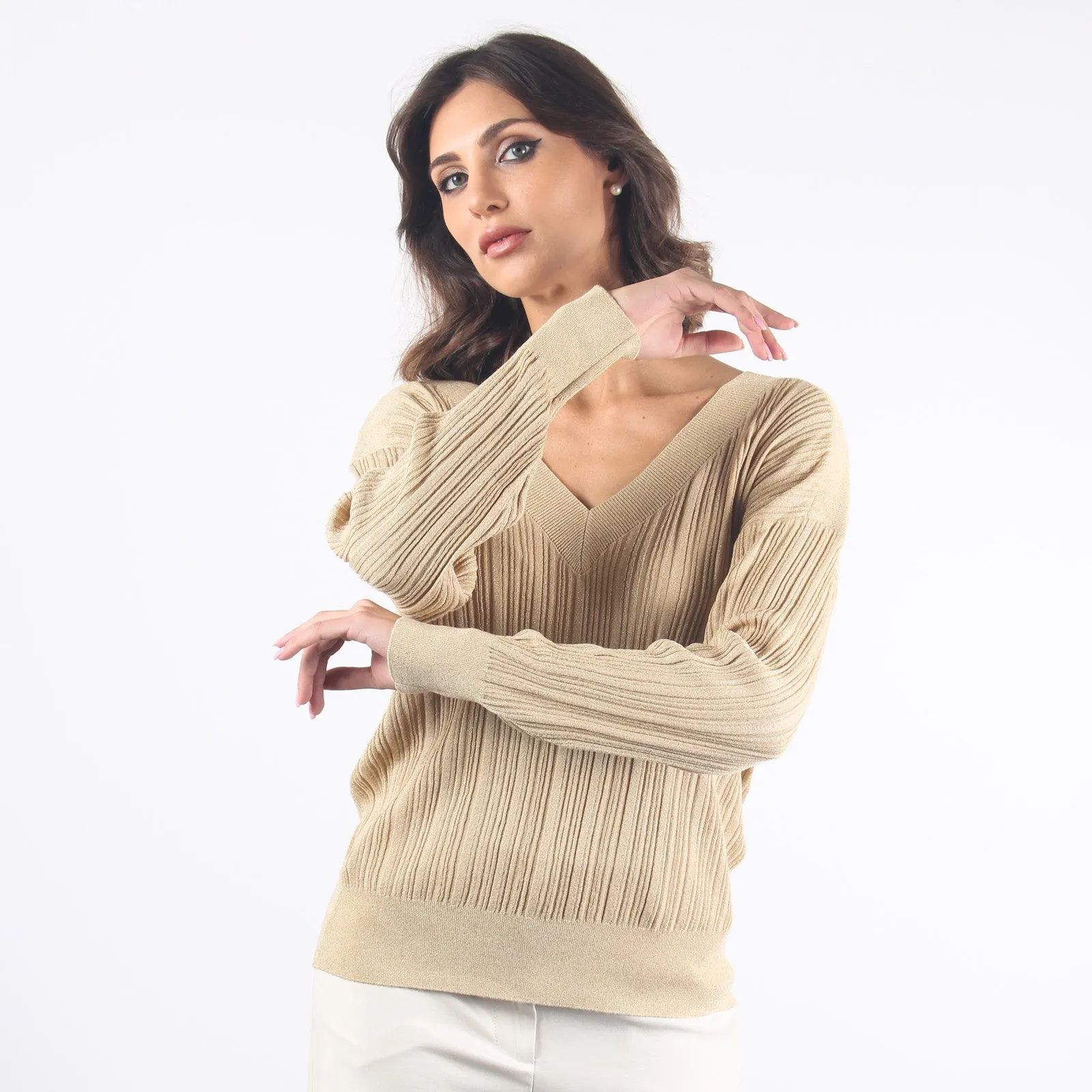 Maglia V Lurex Canettata Gold
