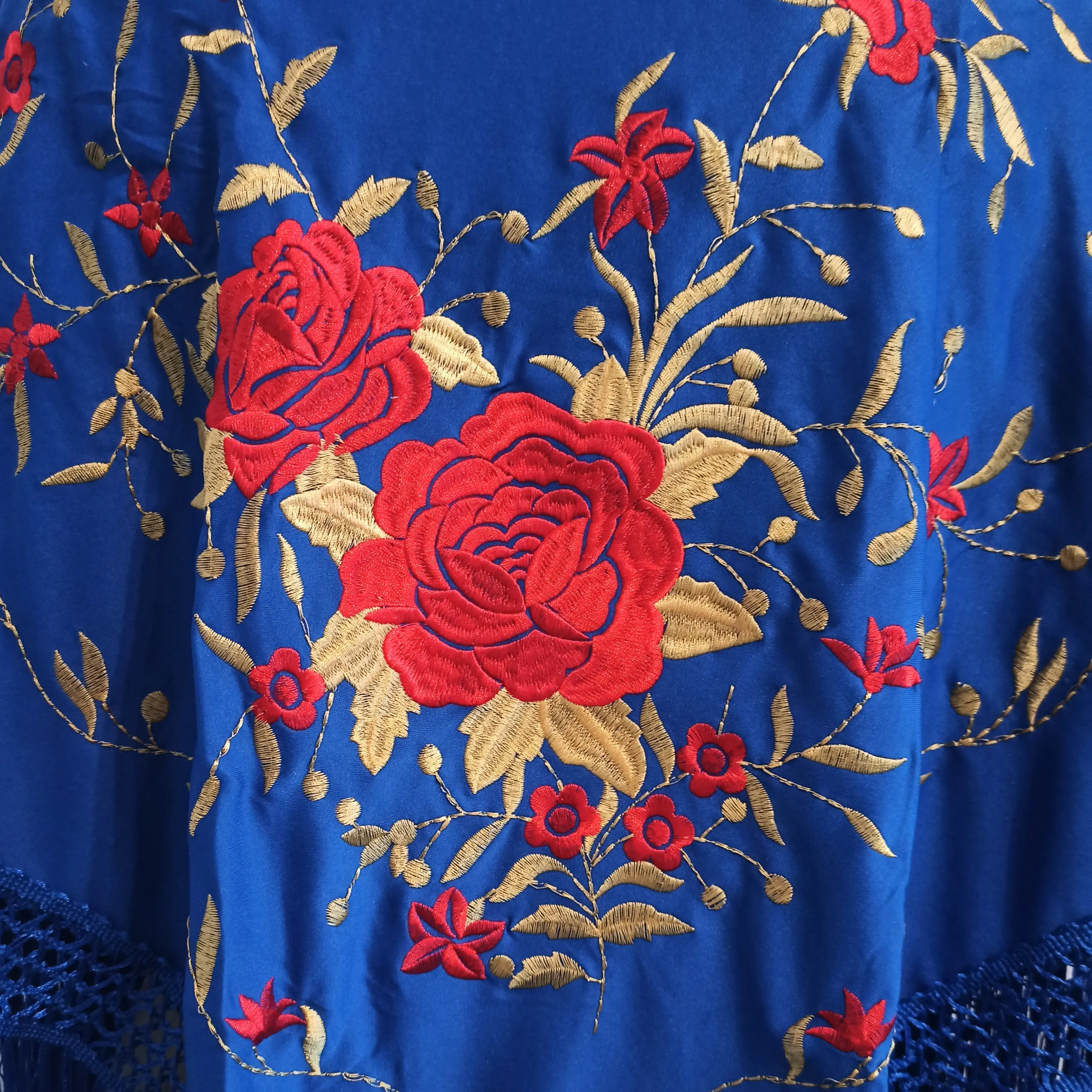 Mantón Flamenco Grande Bordado · Azul Rojo Dorado Floral (175 x 85cm)