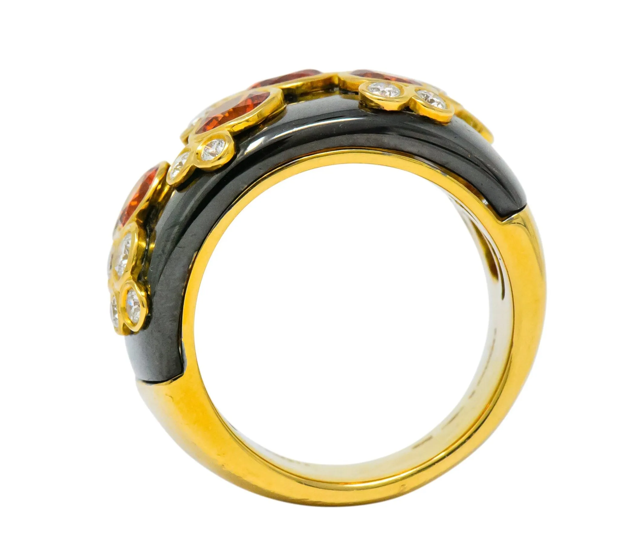 Marina B 'Bulgari' 2.80 CTW Orange Sapphire Diamond Onyx 18 Karat Gold Fujiyama Ring