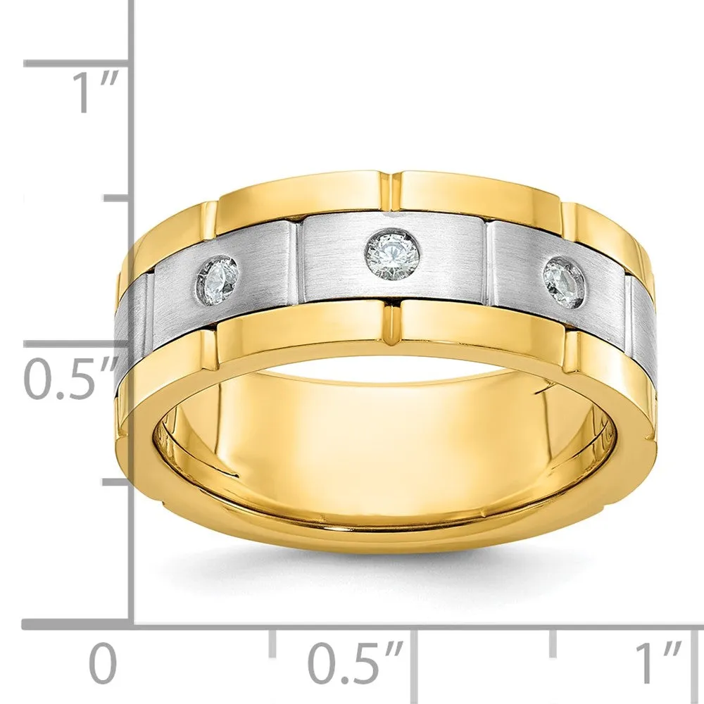 Mens 8.4mm 14K Two Tone Gold 3-Stone 1/6 Ctw Diamond Standard Fit Band