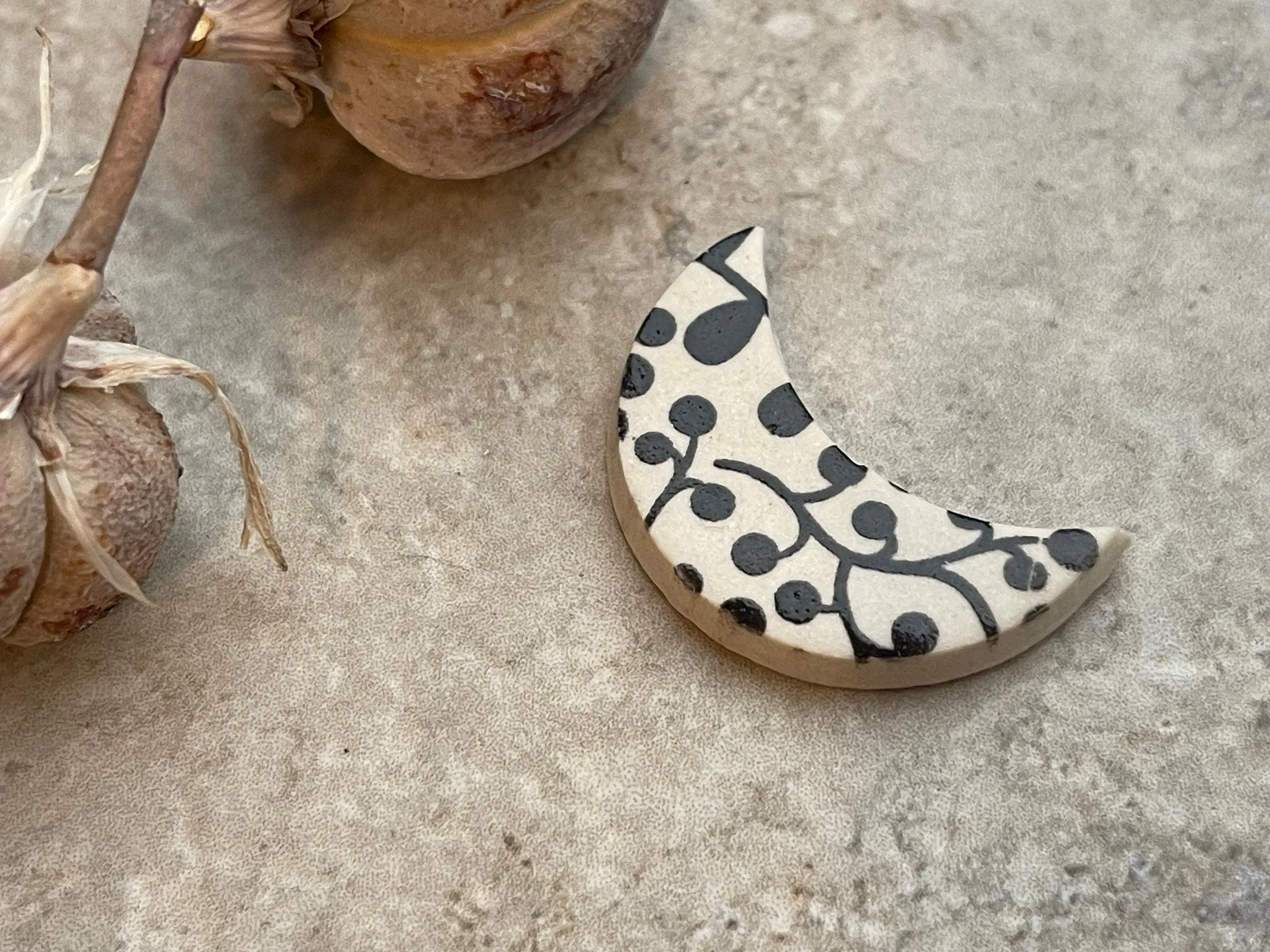 Metalsmithing Cabochon, Black and White Crescent Pendant Bead, Porcelain Cab, Ceramic Charms, Jewelry Making Components, Half Ci