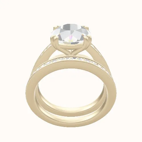Micropave Cathedral Engagement Ring With Double Prongs Head and Matching Band